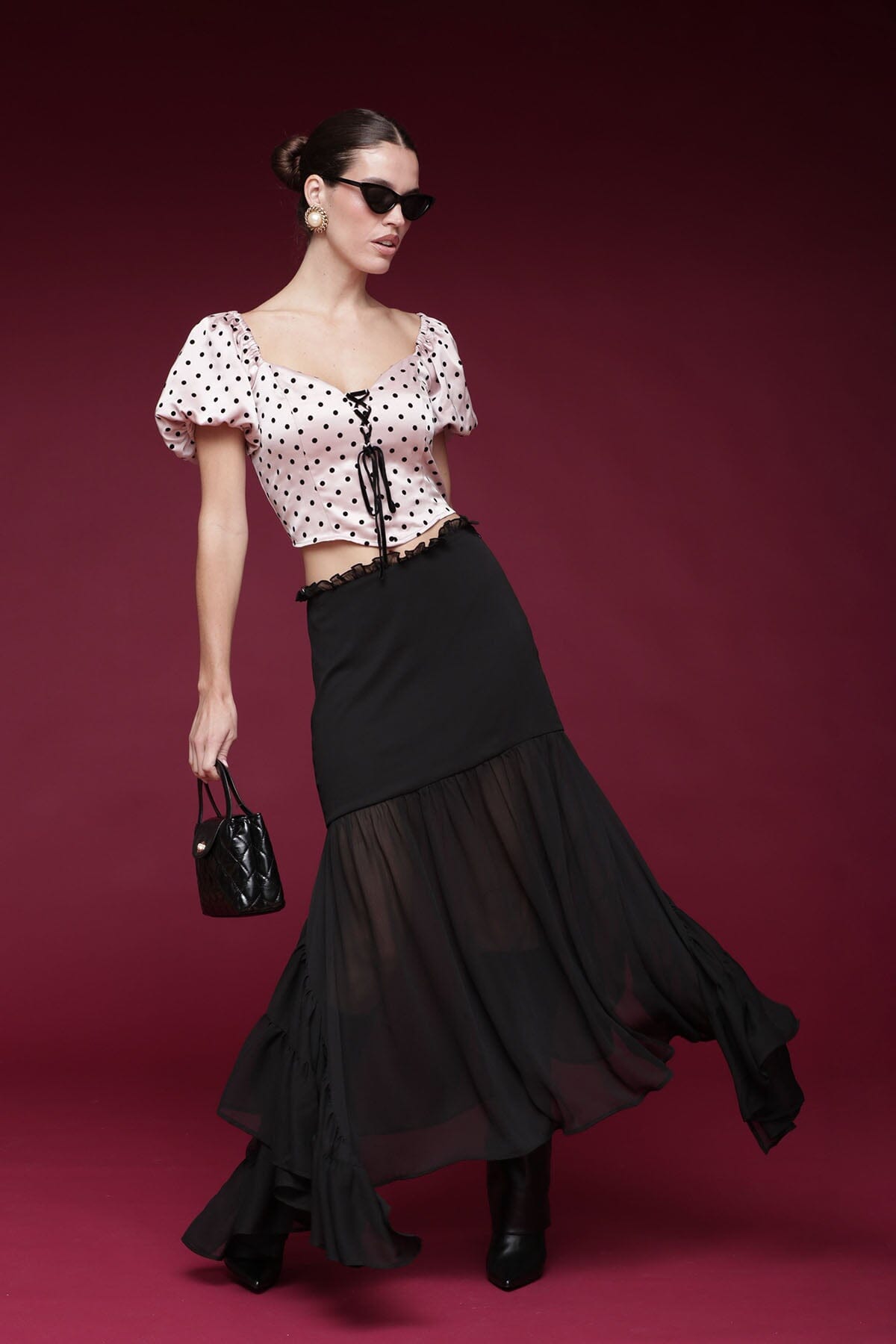 Sheer chiffon ruffle black maxi skirt with ruffle tiers and asymmetrical hem - Shop designer women's maxi skirts by Avec Les Filles