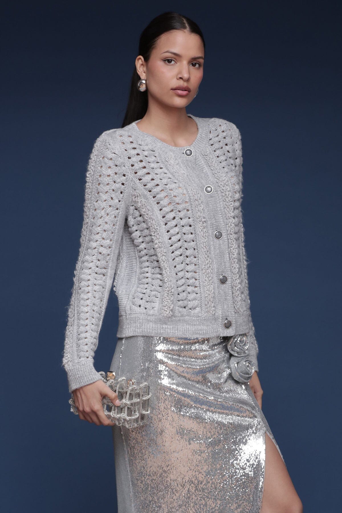 Textured Knit button-front grey cardigan with long sleeves, open knit pattern and crew neckline - Shop designer women's cardigans by Avec Les Filles