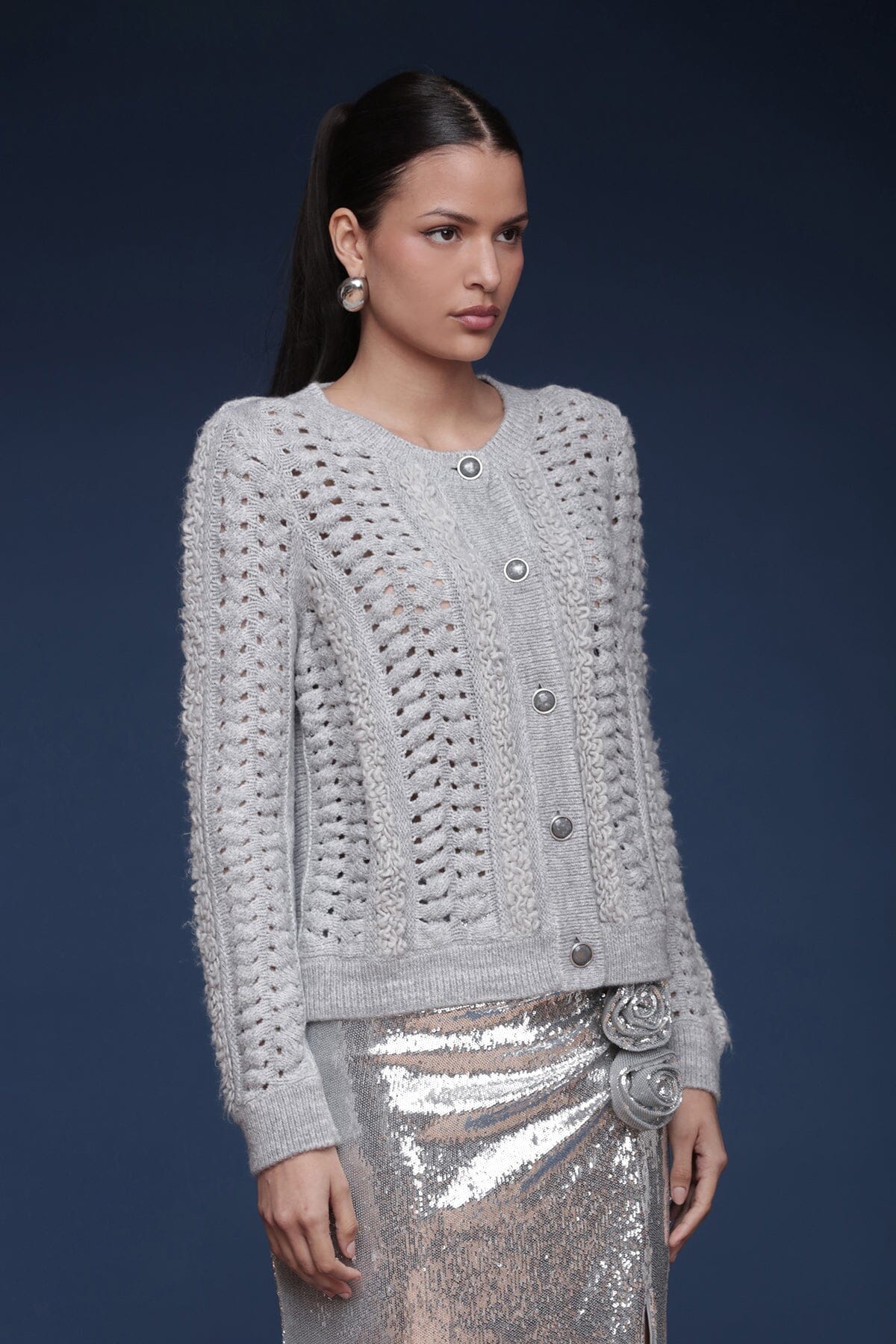 Textured Knit button-front grey cardigan with long sleeves, open knit pattern and crew neckline - Shop designer women's cardigans by Avec Les Filles