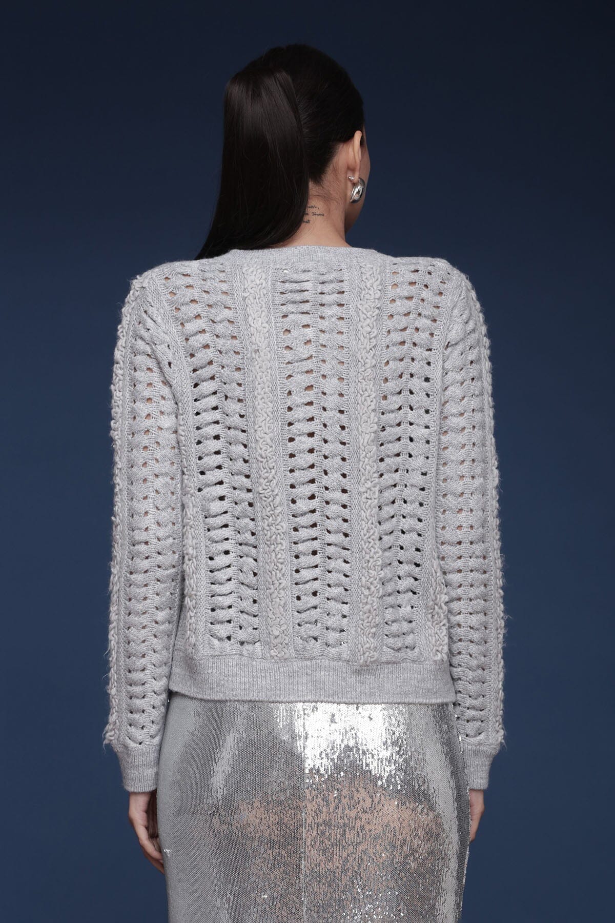 Textured Knit button-front grey cardigan with long sleeves, open knit pattern and crew neckline - Shop designer women's cardigans by Avec Les Filles