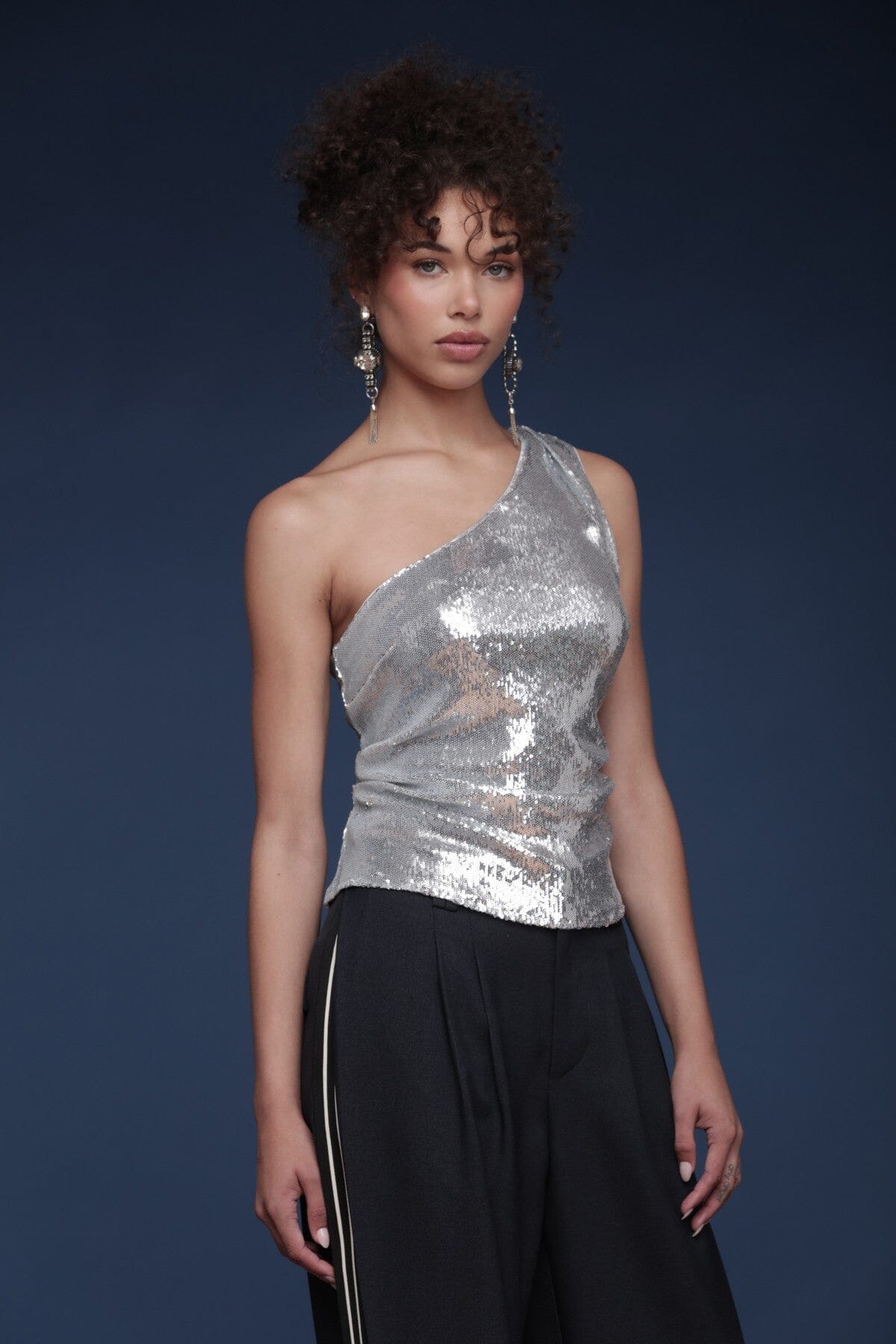 One-shoulder sequin ruched silver top with asymmetrical neckline and side zipper - Shop designer women's party tops by Avec Les Filles