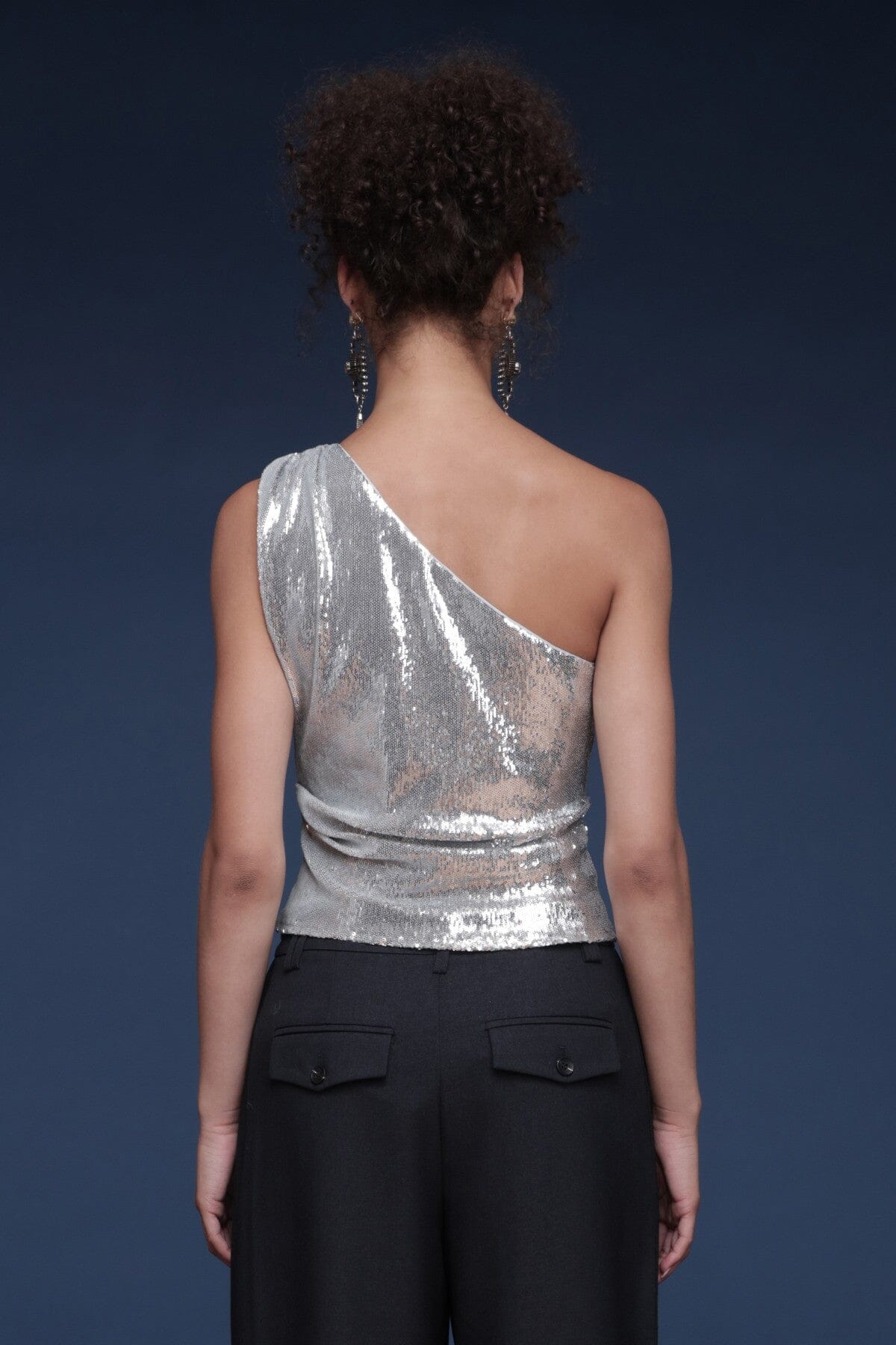 One-shoulder sequin ruched silver top with asymmetrical neckline and side zipper - Shop designer women's party tops by Avec Les Filles