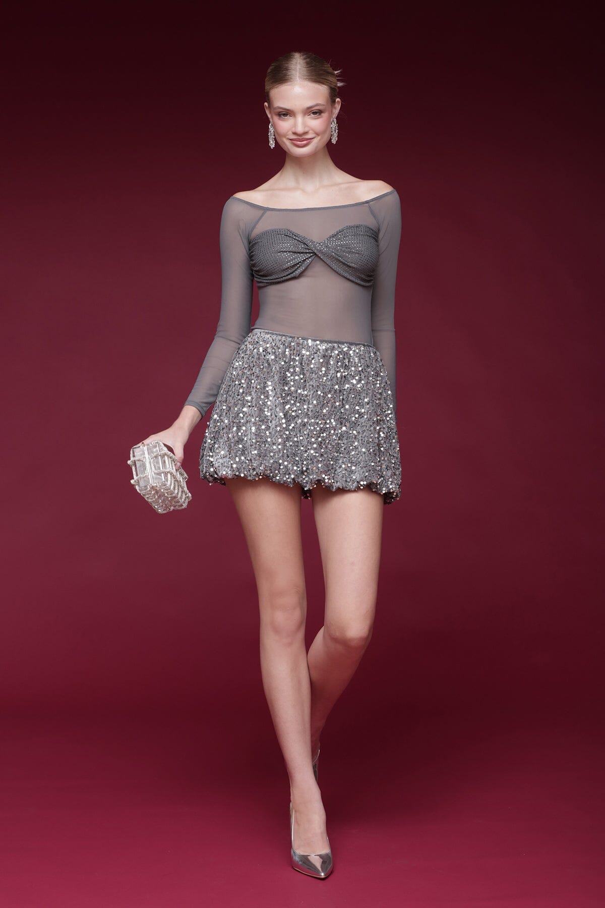 Sheer mesh twist-front bandeau grey top with long sleeves and off-shoulder neckline - Shop designer women's tops by Avec Les Filles