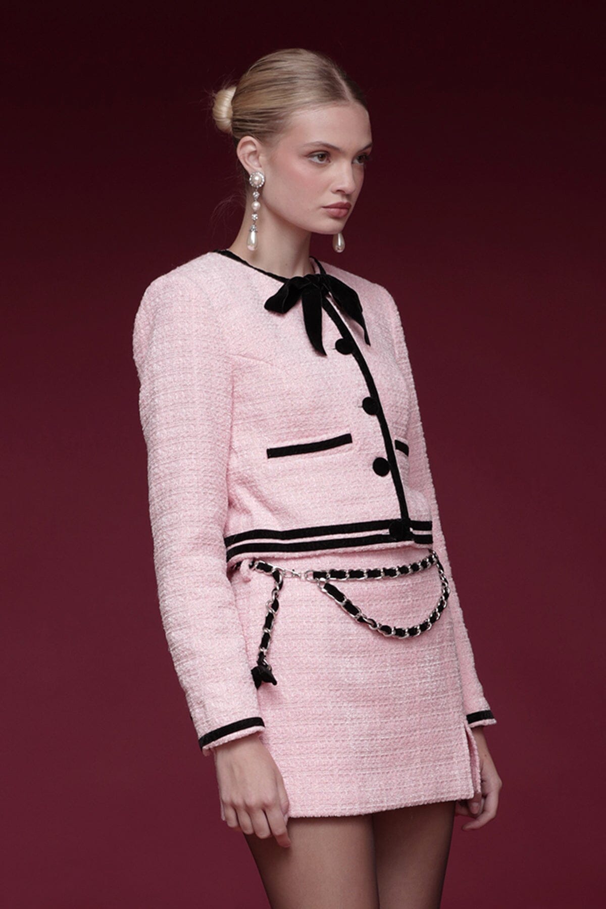 Velvet trim tweed cropped button-front candy pink jacket with long sleeves and a round neckline - Shop designer women's jackets by Avec Les Filles