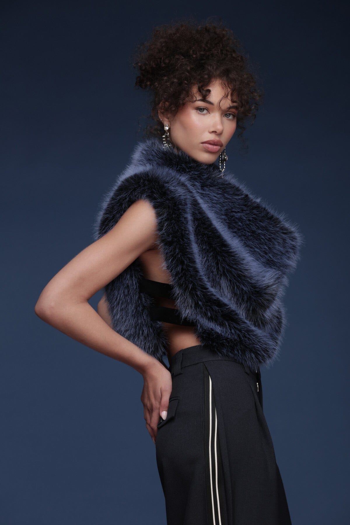 Cowl neck faux fur blue crop top with sleeveless and draped cowl neckline - Shop designer women's crop tops by Avec Les Filles
