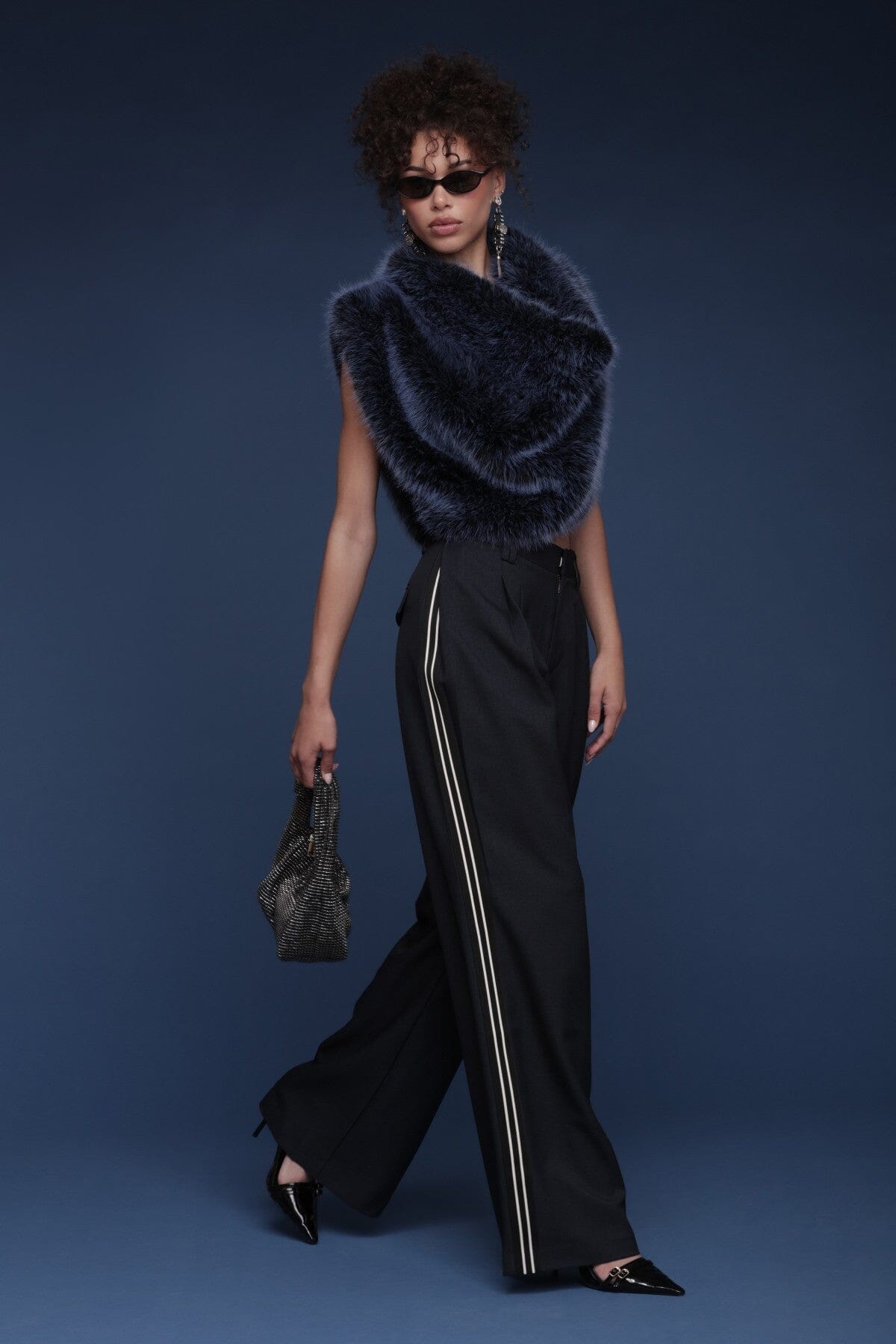 Cowl neck faux fur blue crop top with sleeveless and draped cowl neckline - Shop designer women's crop tops by Avec Les Filles