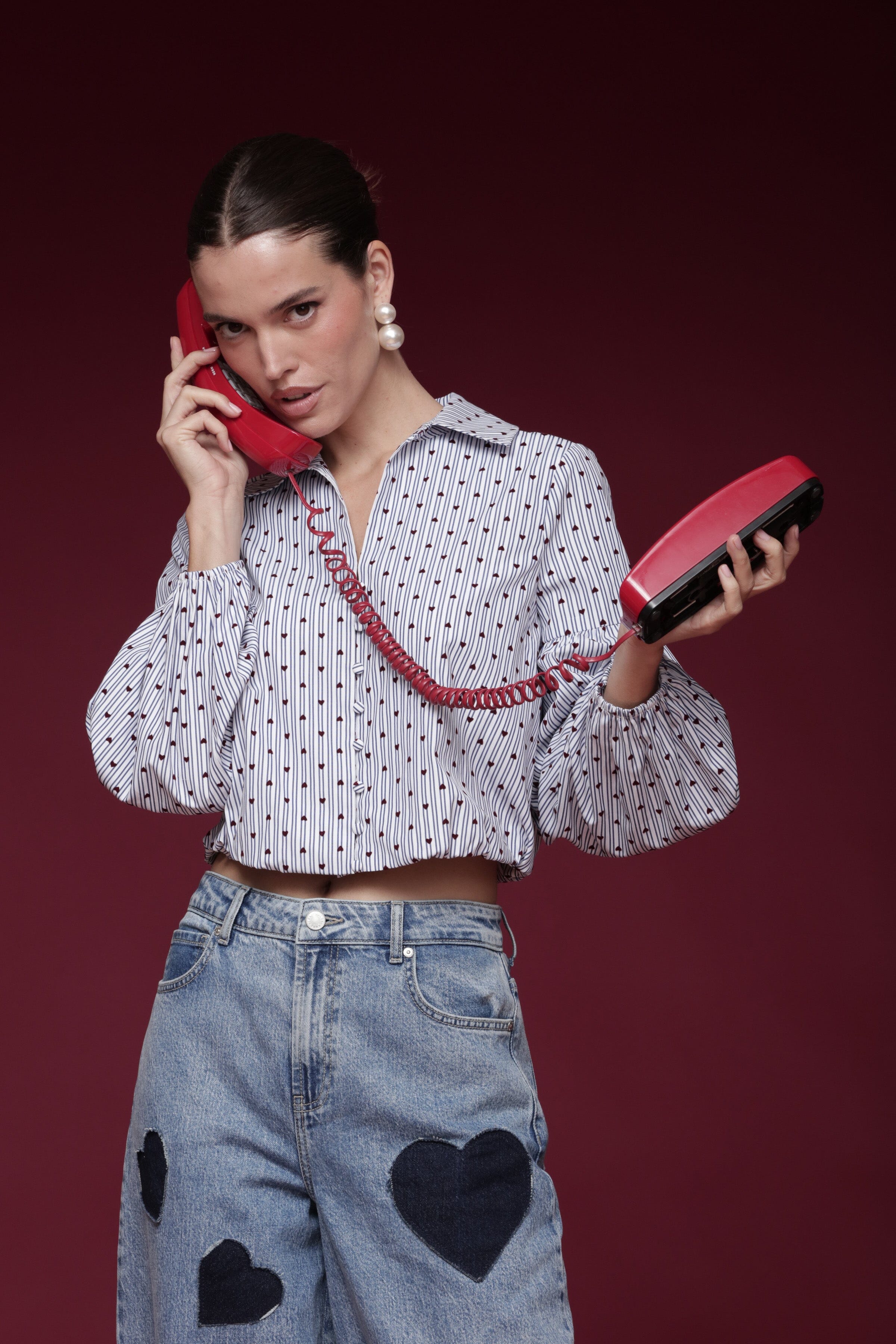 Heart and stripe print puff sleeve cropped blue shirt with point collar and full button placket - Shop designer women's shirts by Avec Les Filles