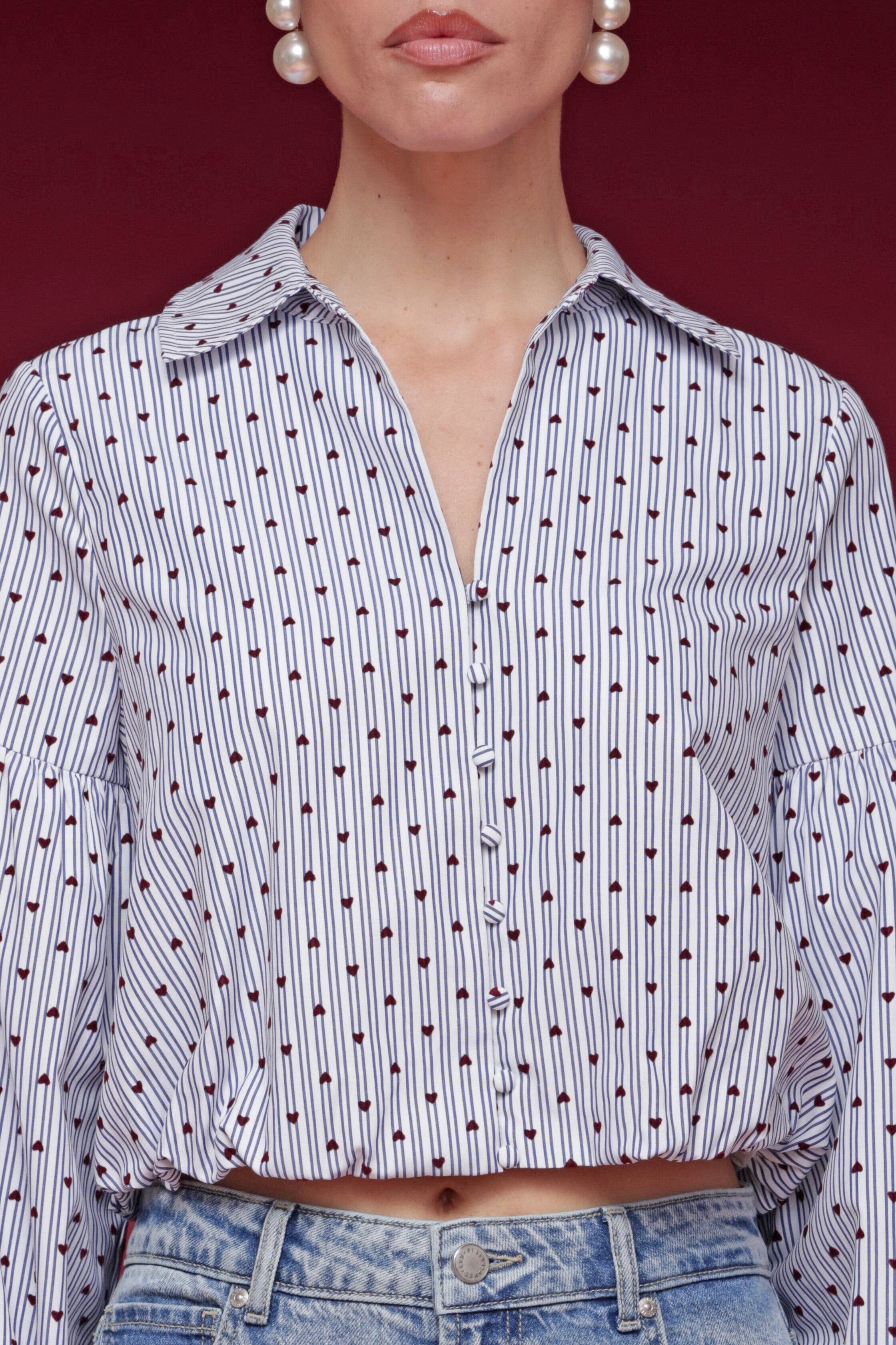 Heart and stripe print puff sleeve cropped blue shirt with point collar and full button placket - Shop designer women's shirts by Avec Les Filles