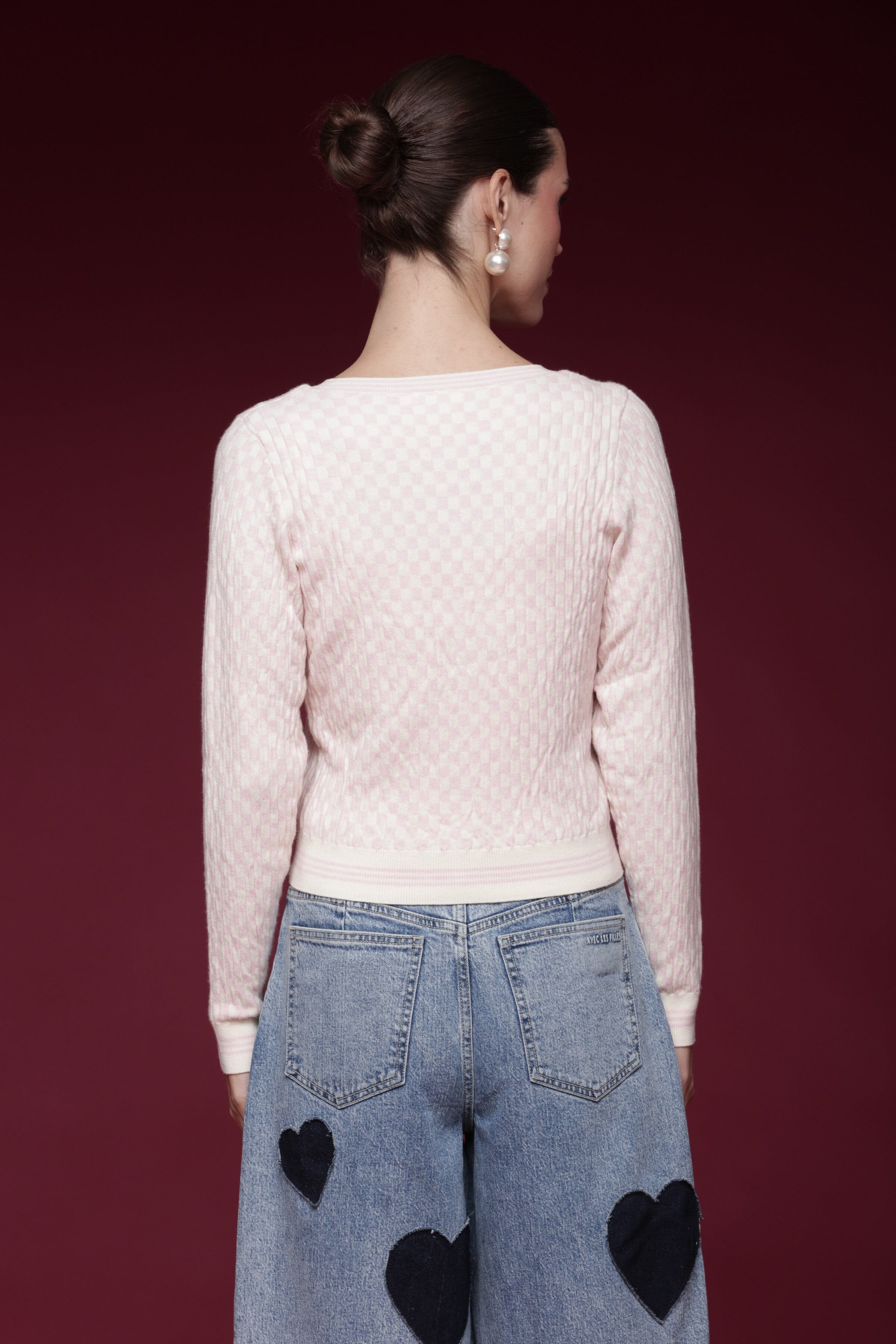 Checkered jacquard knit pink and white button-front cardigan & tank top set, with scoop-neck tank and long sleeves - Shop women's cardigans tops by Avec Les Filles