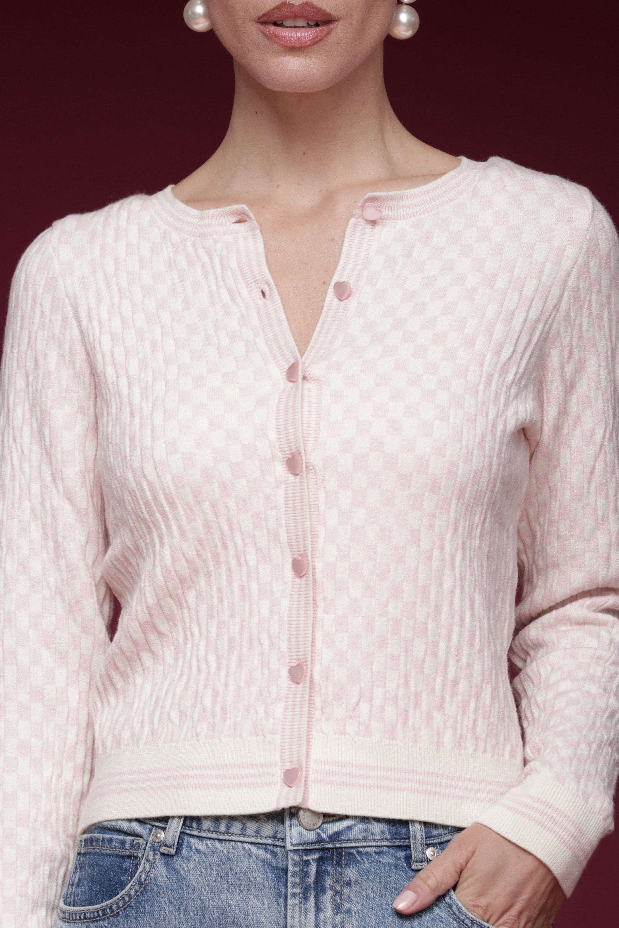 Checkered jacquard knit pink and white button-front cardigan & tank top set, with scoop-neck tank and long sleeves - Shop women's cardigans tops by Avec Les Filles