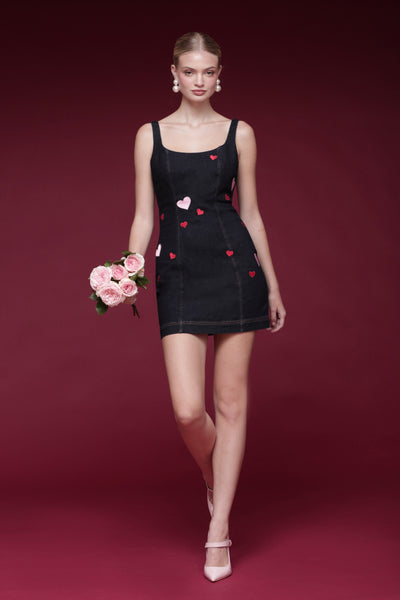 Heart Patch Dark Indigo Blue Denim Mini Dress