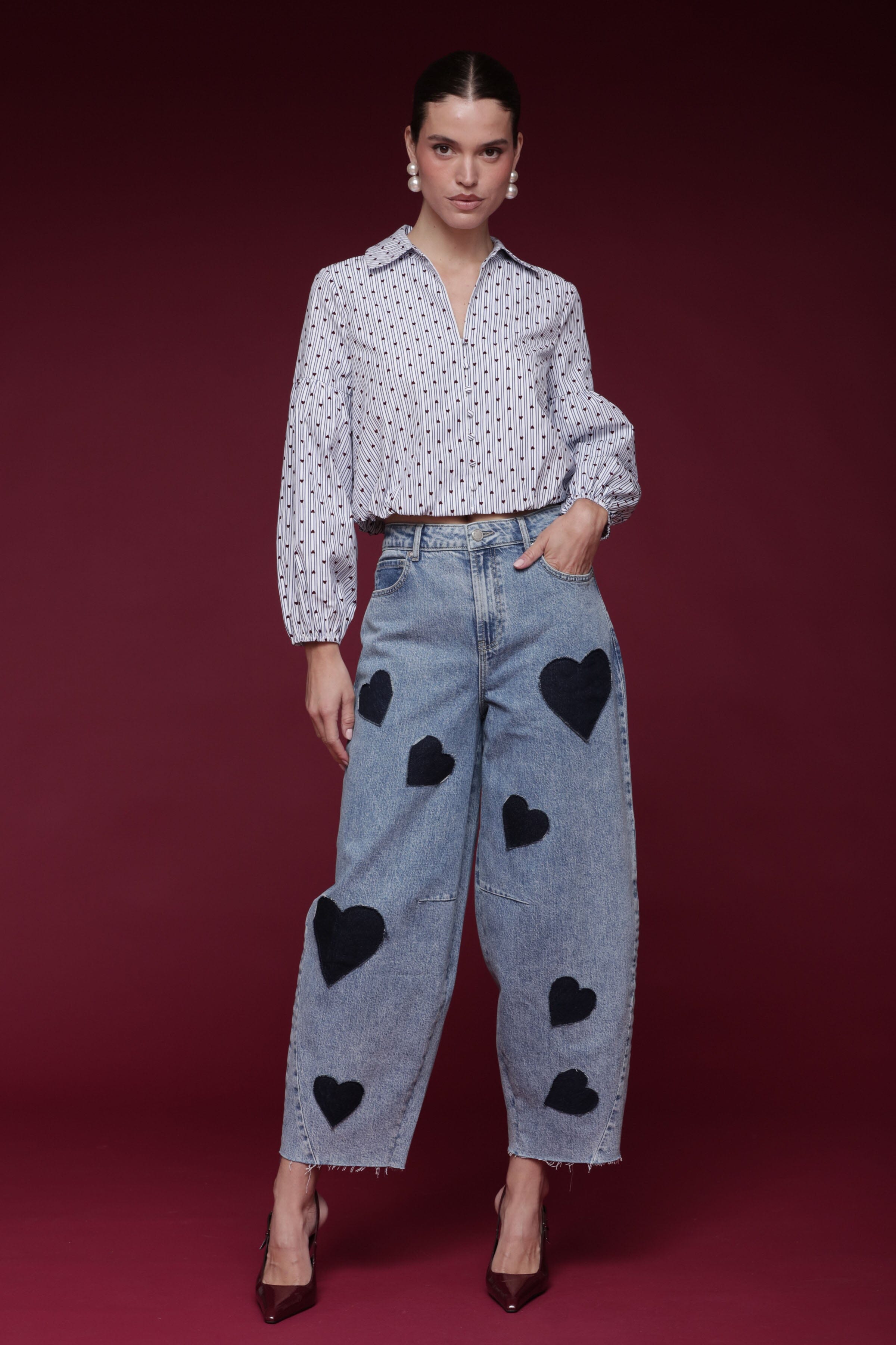 Heart patch barrel leg cotton denim blue jeans with a high-rise waist and classic five-pocket - Shop designer women's jeans pants by Avec Les Filles