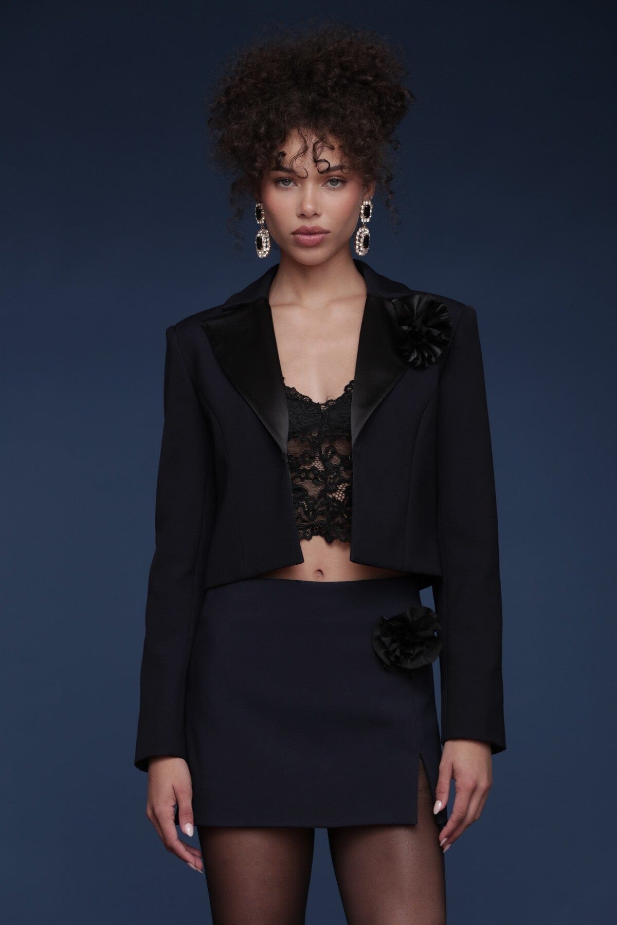 Rosette trim navy and black cropped blazer with long sleeves, front closure and a detachable detail - Shop designer women's blazers by Avec Les Filles