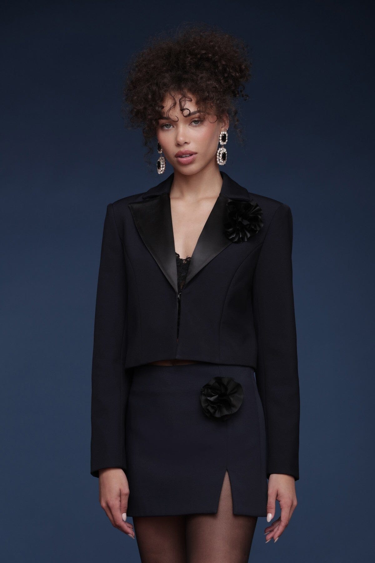 Rosette trim navy and black cropped blazer with long sleeves, front closure and a detachable detail - Shop designer women's blazers by Avec Les Filles