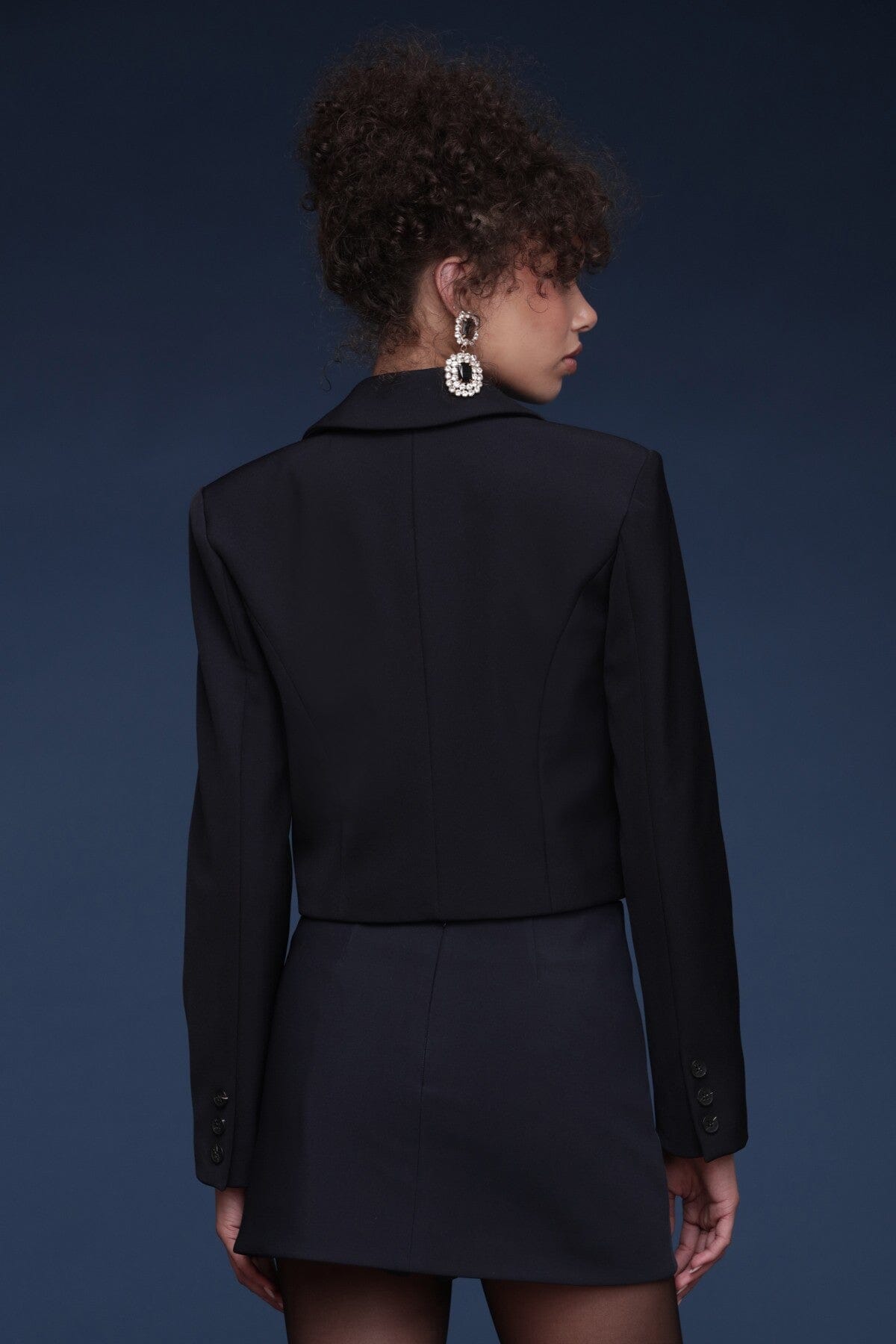 Rosette trim navy and black cropped blazer with long sleeves, front closure and a detachable detail - Shop designer women's blazers by Avec Les Filles