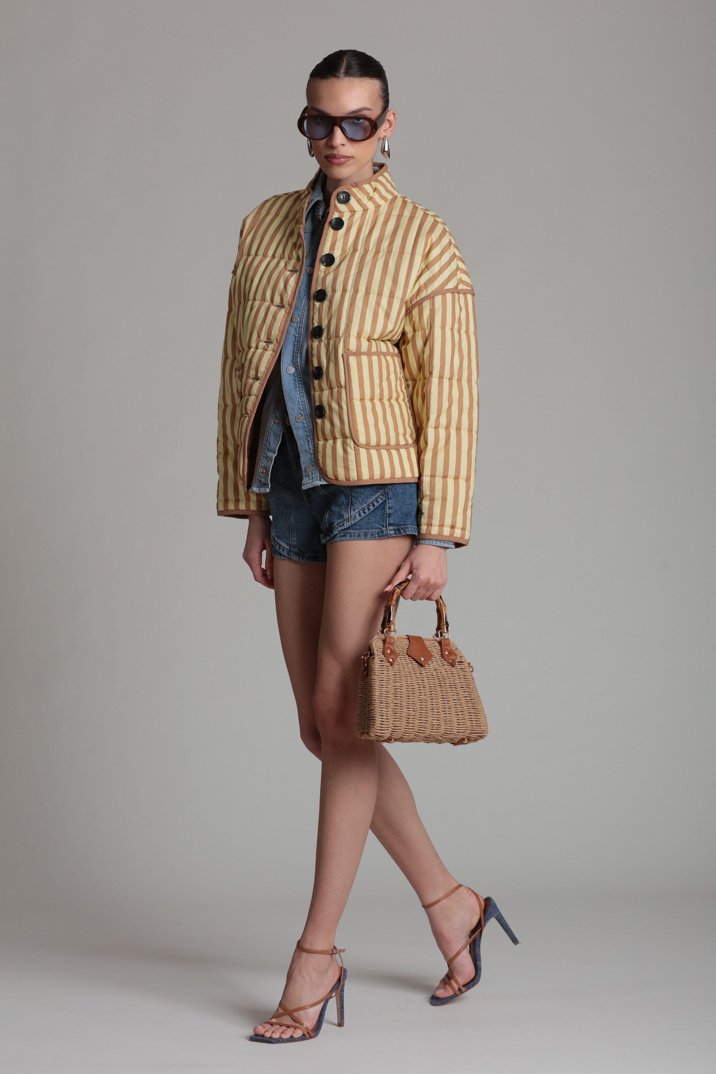 Yellow cotton-blend quilted jacket with beige stripes and a button front - Shop women’s cute jackets by Avec Les Filles