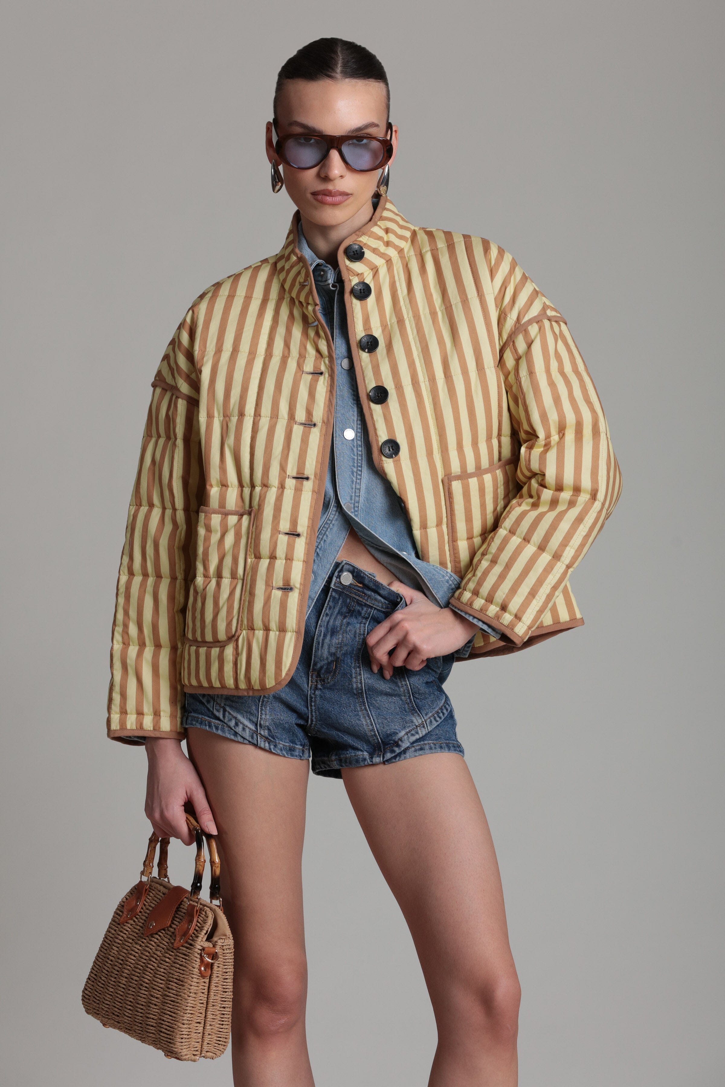 Yellow quilted jacket with beige stripes and a button front - Shop women’s cute jackets by Avec Les Filles