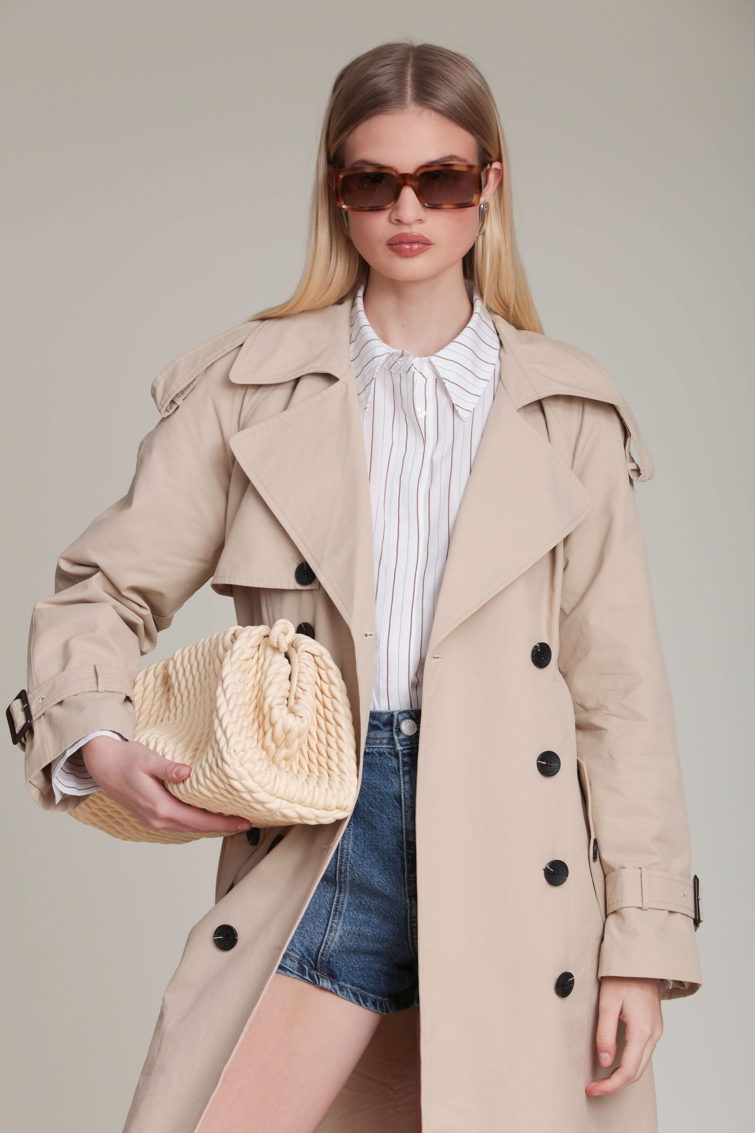 Cotton nylon double-breasted beige maxi trench coat with belt and adjustable buckle cuffs - Shop women's maxi trench coats by Avec Les Filles