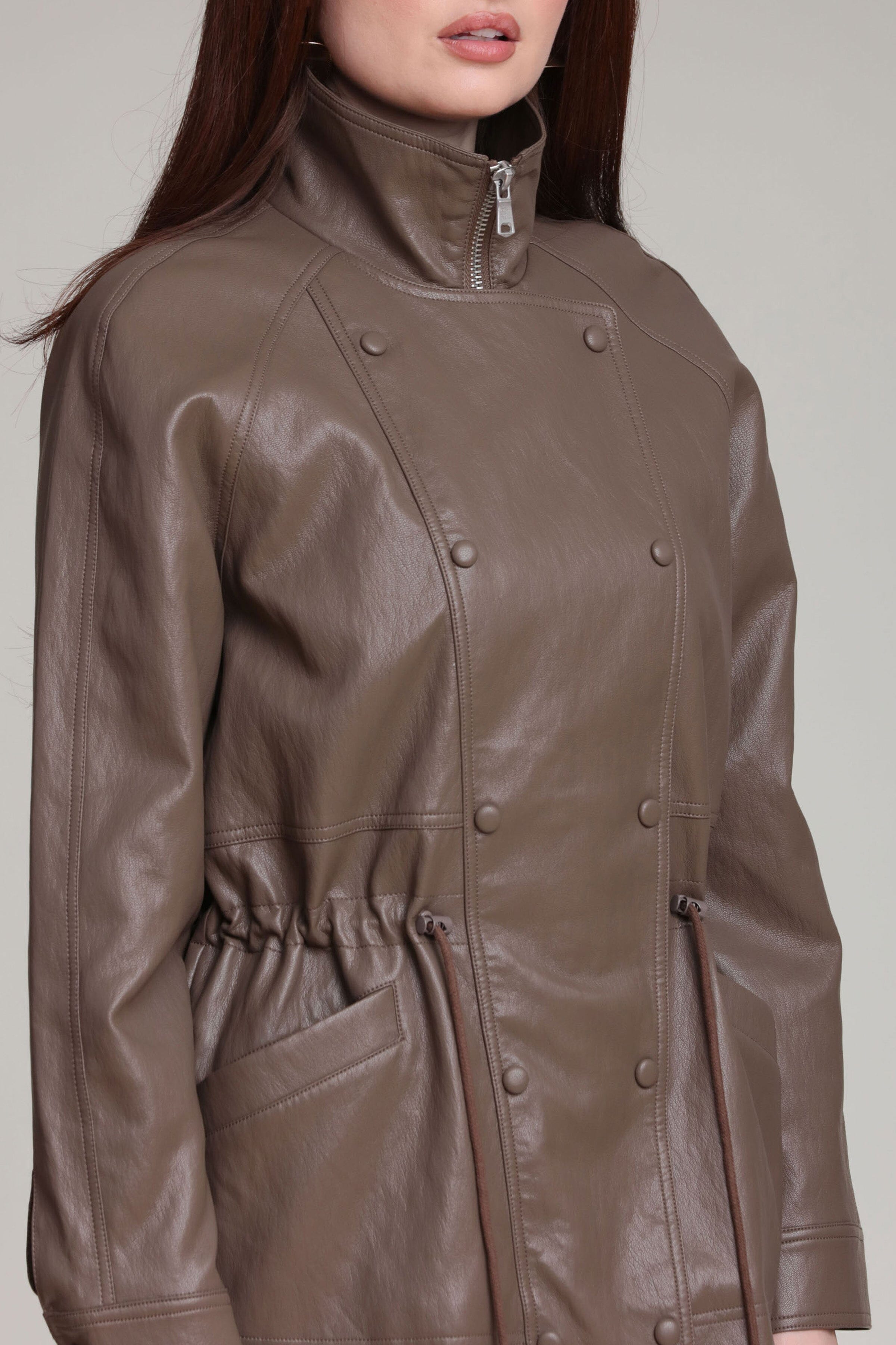 Dark brown faux leather womens parka jacket with a drawstring by Avec Les Filles