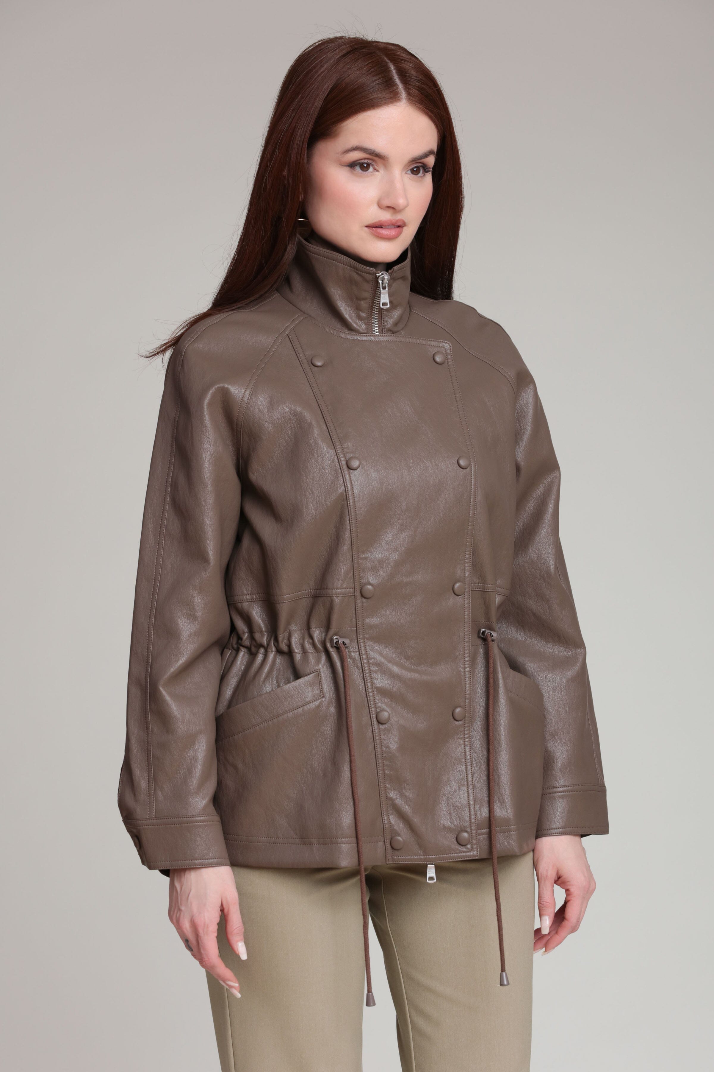 Dark brown faux leather parka jacket for women with a drawstring by Avec Les Filles