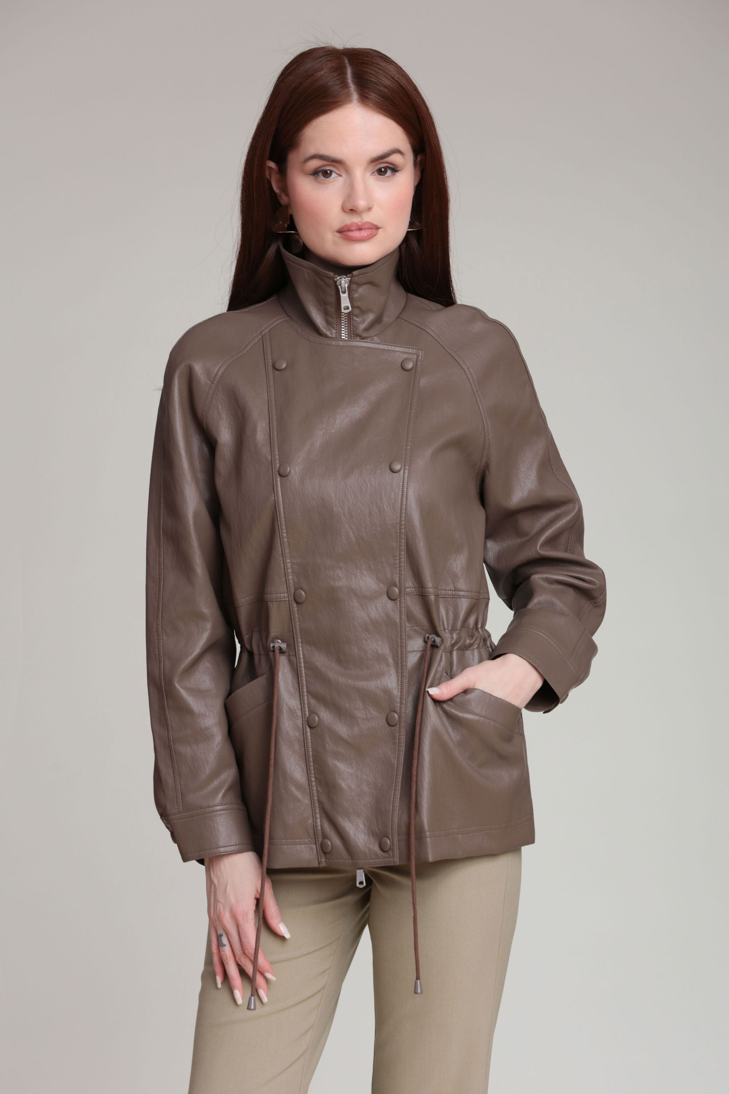Dark brown faux leather anorak jacket for women with an adjustable drawstring by Avec Les Filles