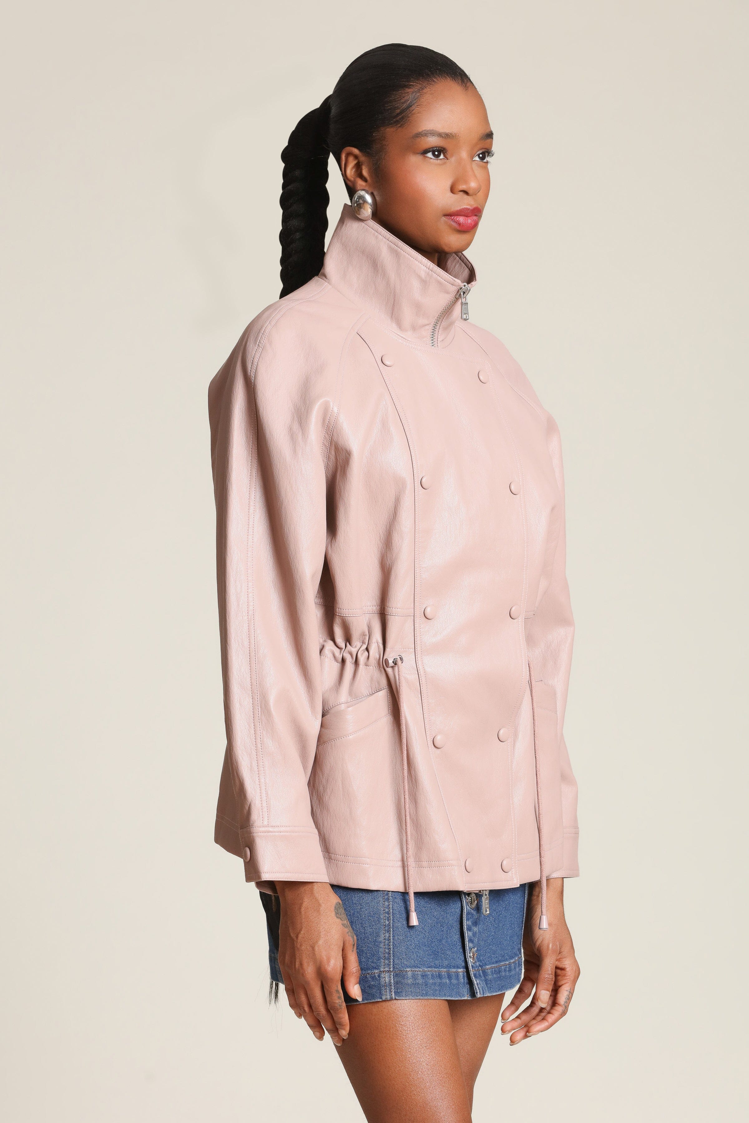 Pink faux leather women's anorak jacket with an adjustable drawstring - Shop anorak jackets by Avec Les Filles