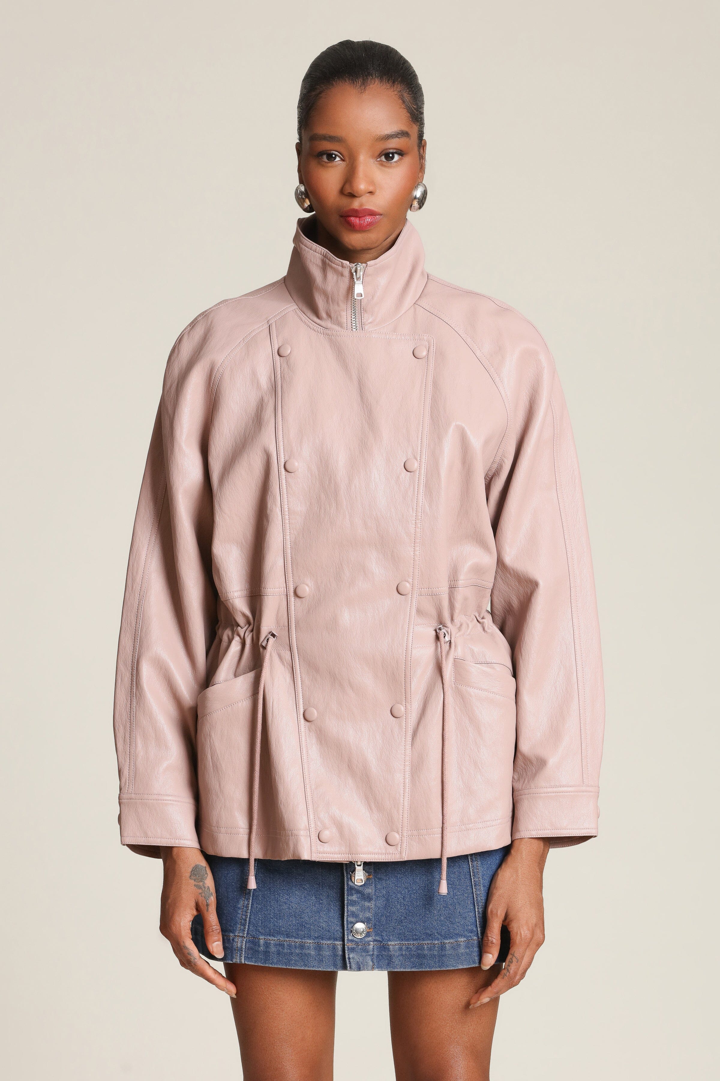 Pink faux leather parka jacket with an adjustable drawstring - Shop parka jackets by Avec Les Filles