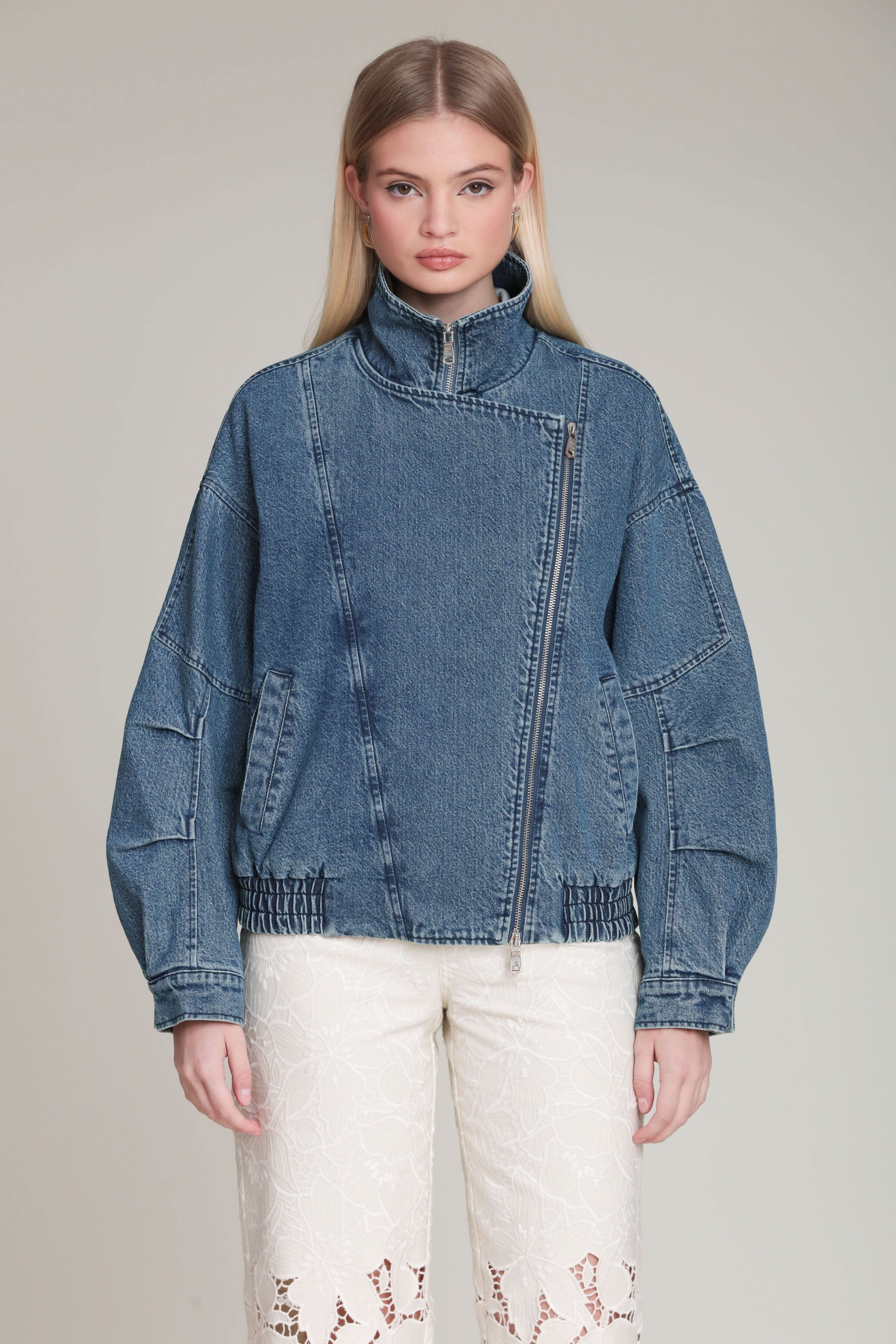 Indigo blue denim bomber jacket in cotton blend with long sleeves and zip-up front - Shop cute jackets by Avec Les Filles