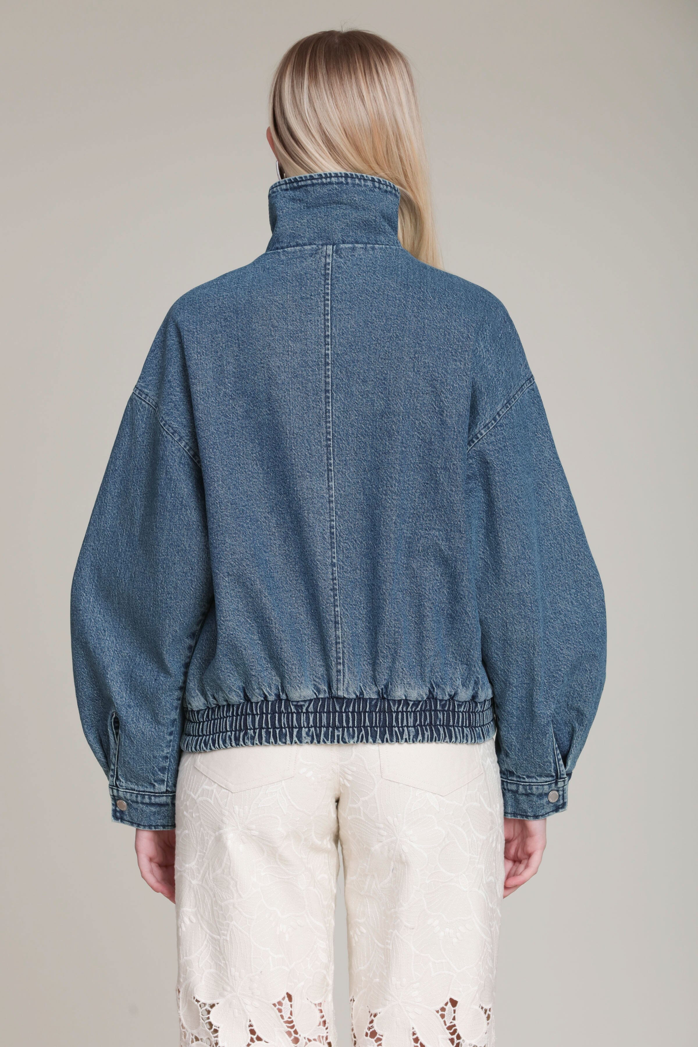 Indigo blue denim bomber jacket in cotton blend with long sleeves - Shop designer women's cute jackets by Avec Les Filles