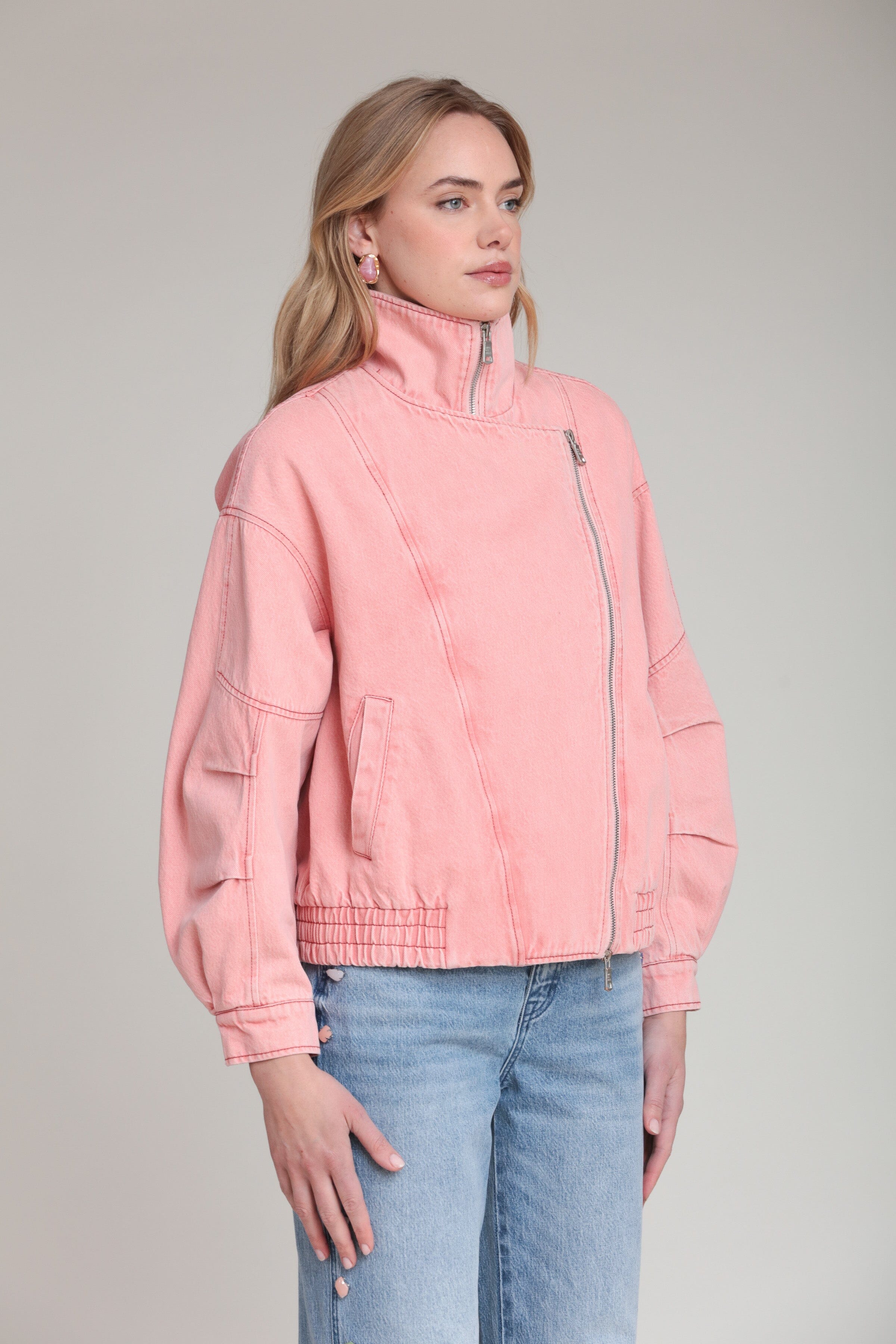 Asymmetric pink denim bomber jacket with long sleeves - Shop designer women's cute jackets by Avec Les Filles