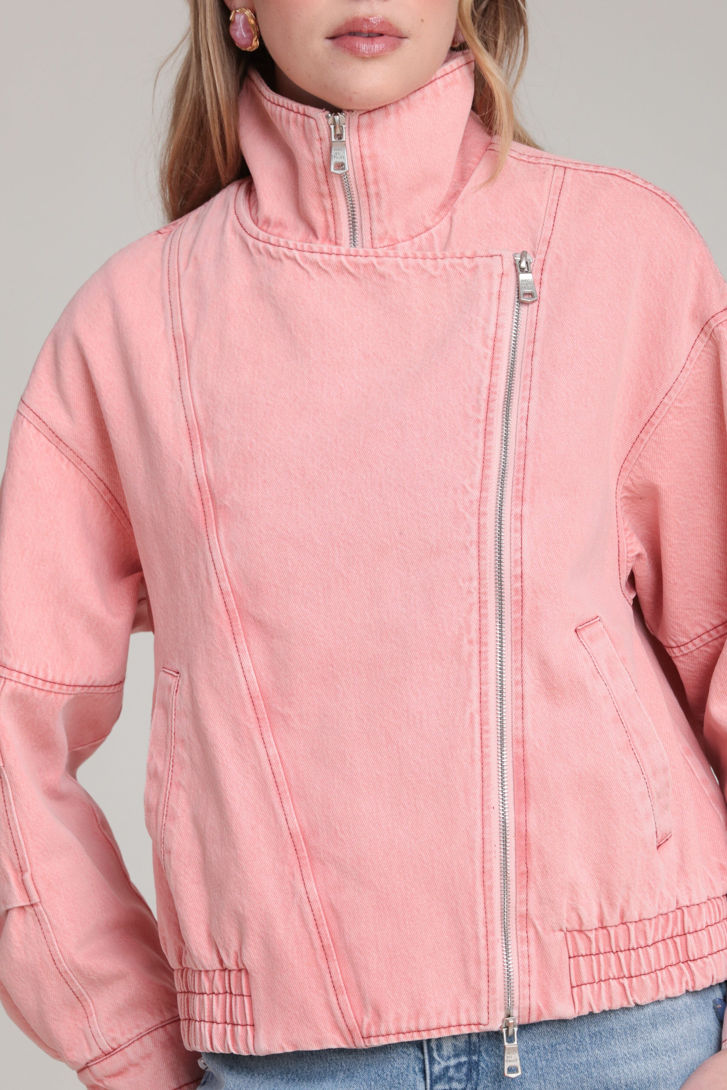 Asymmetric pink denim bomber jacket in cotton blend with zip-up front - Shop women's jackets by Avec Les Filles