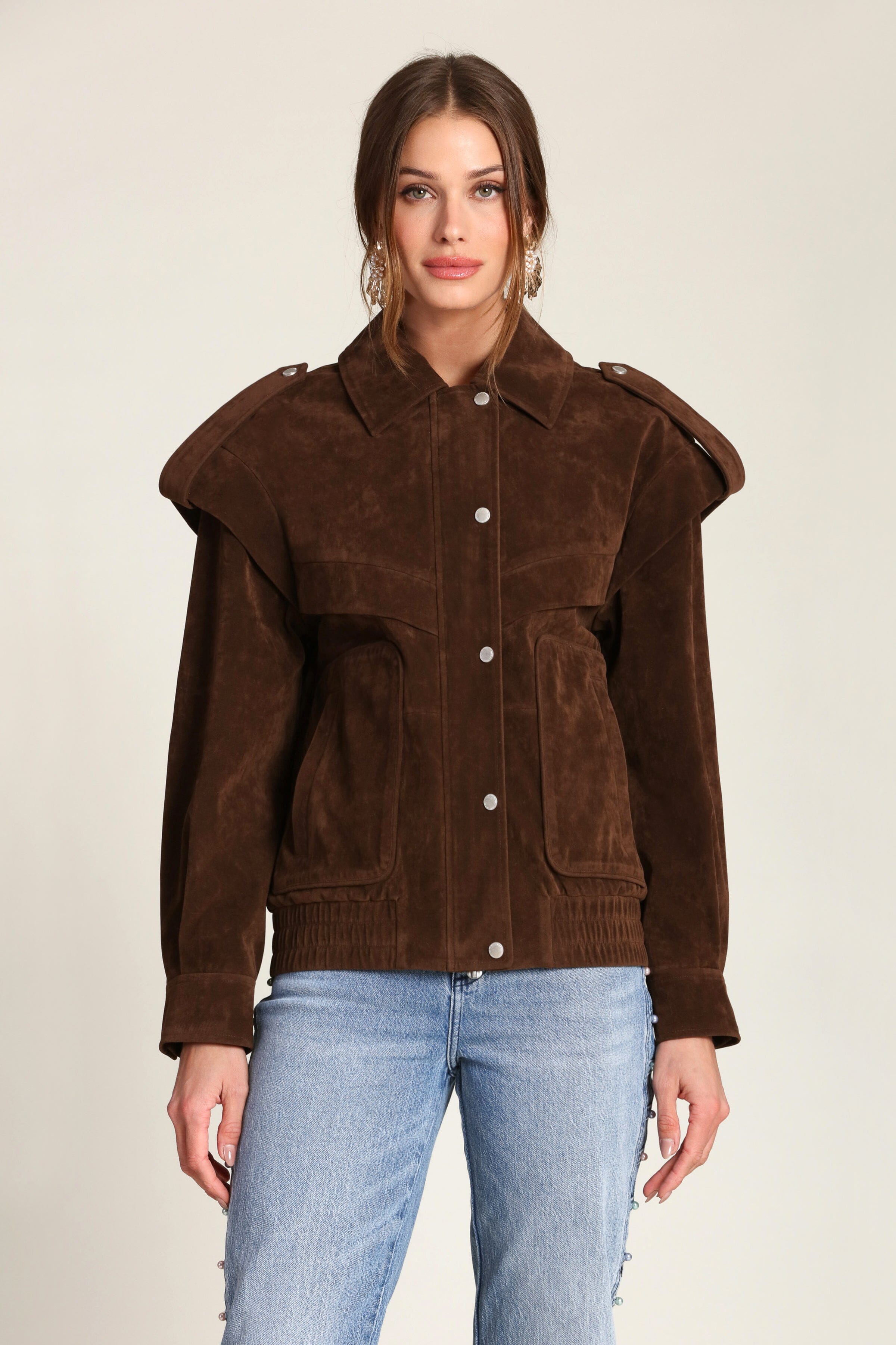 Faux suede layered brown bomber jacket with snap-front placket and pointed collar by Avec Les Filles