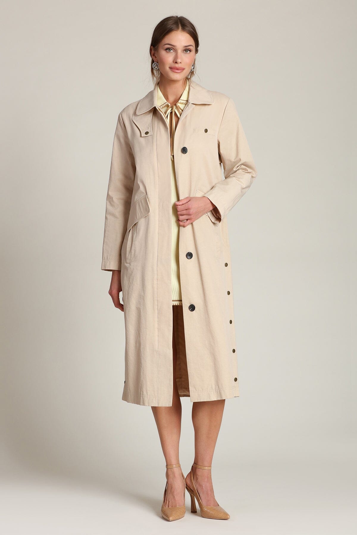 Cotton nylon utility button-front sandy tan midi trench coat with front flap and welt pockets - Shop designer women's midi trench coats by Avec Les Filles