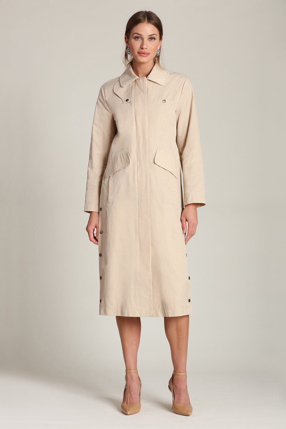 Cotton nylon utility button-front sandy tan midi trench coat with front flap and welt pockets - Shop designer women's midi trench coats by Avec Les Filles