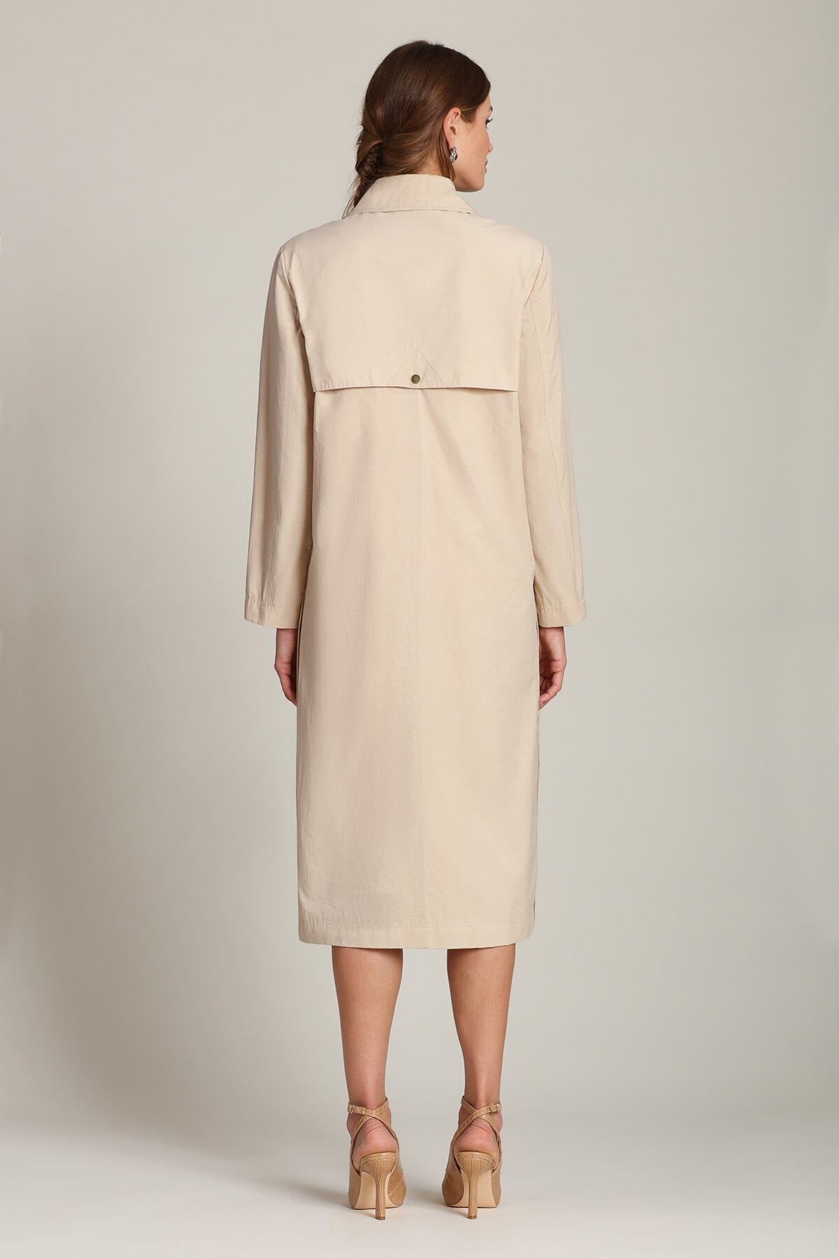 Cotton Nylon Utility Sandy Tan Midi Trench Coat