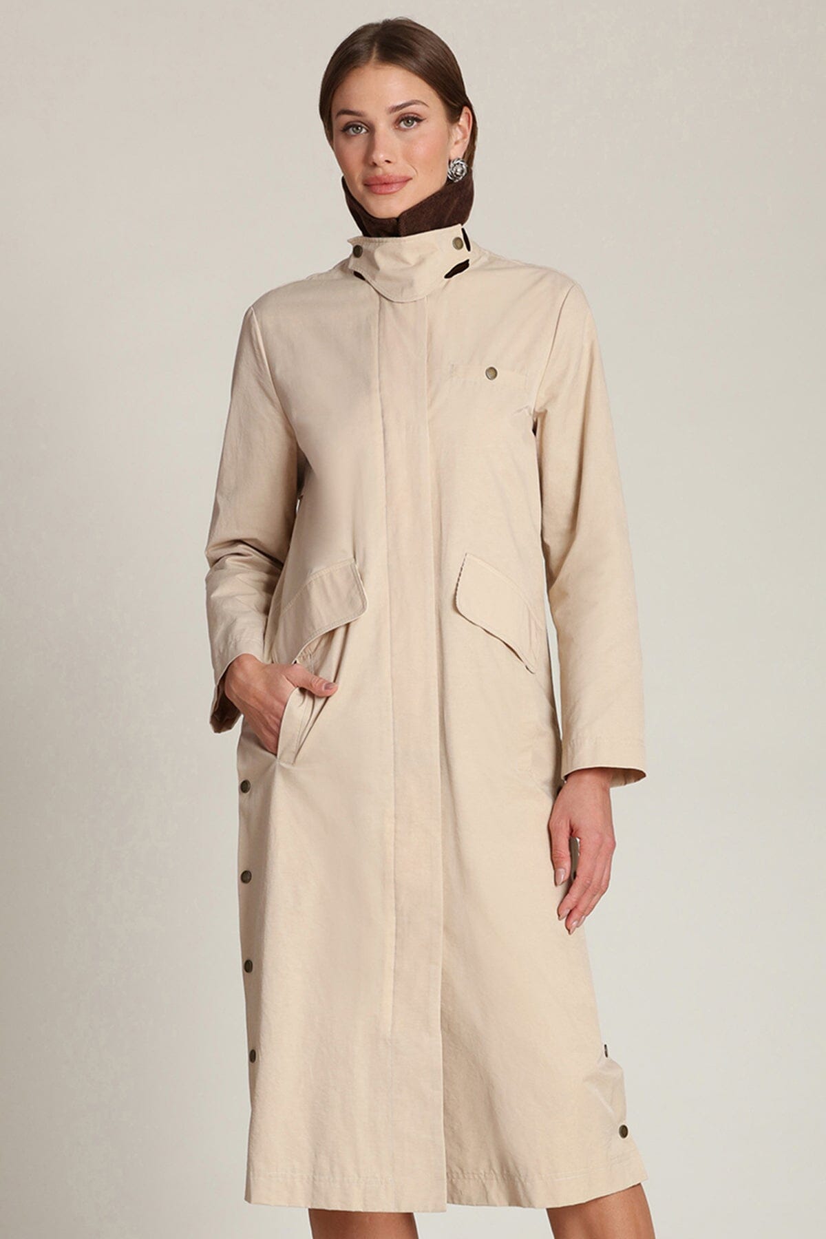 Cotton nylon utility button-front sandy tan midi trench coat with front flap and welt pockets - Shop designer women's midi trench coats by Avec Les Filles