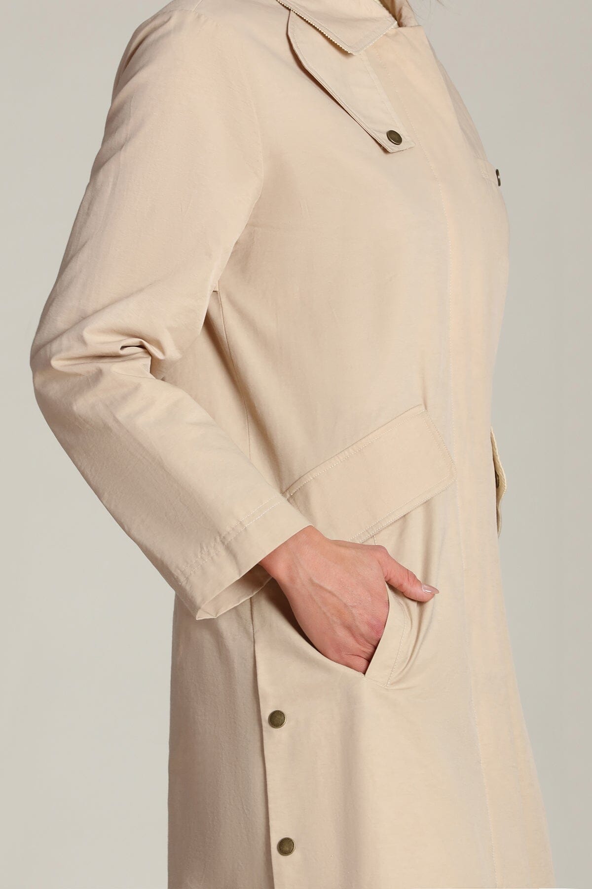 Cotton nylon utility button-front sandy tan midi trench coat with front flap and welt pockets - Shop designer women's midi trench coats by Avec Les Filles