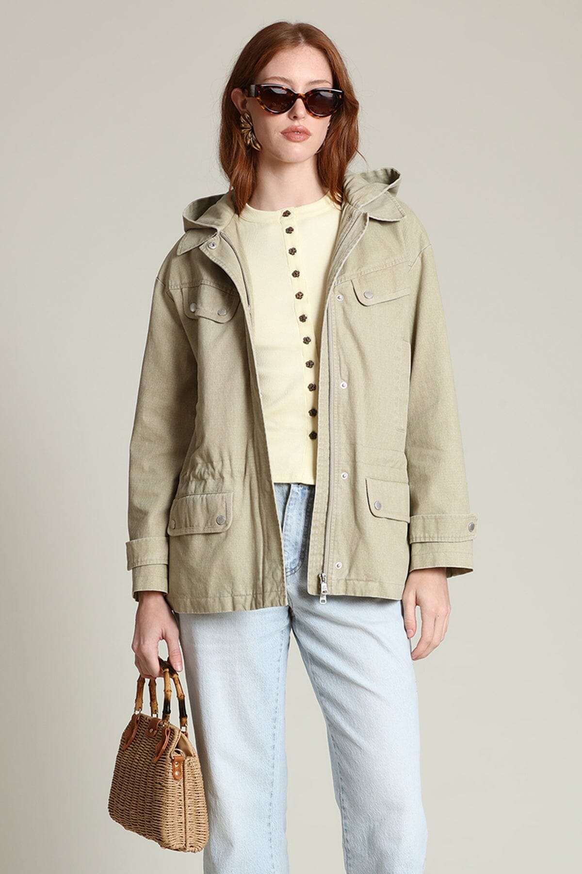 Cotton snap-front beige anorak jacket with long sleeves, attached hood and an adjustable drawstring waist - Shop designer jackets by Avec Les Filles