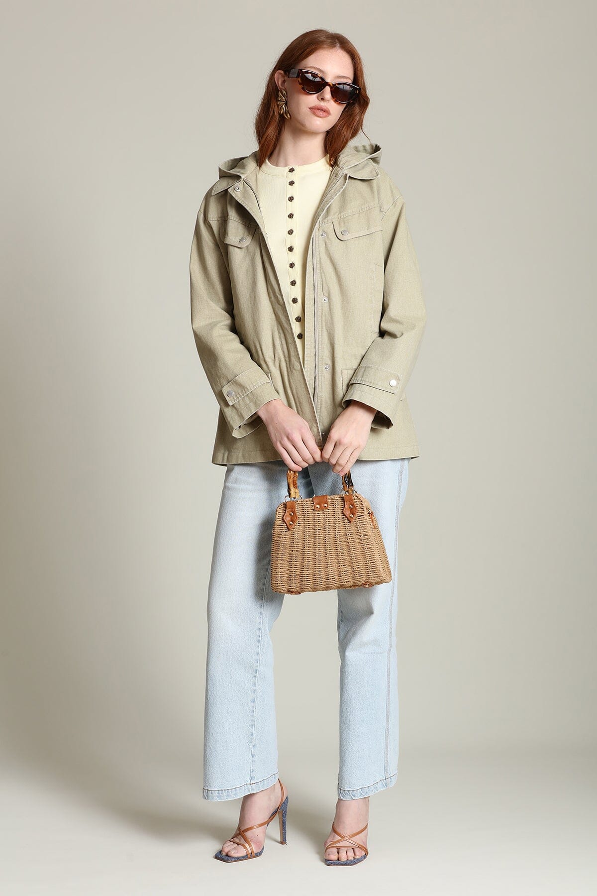 Cotton snap-front beige anorak jacket with long sleeves, attached hood and an adjustable drawstring waist - Shop designer jackets by Avec Les Filles