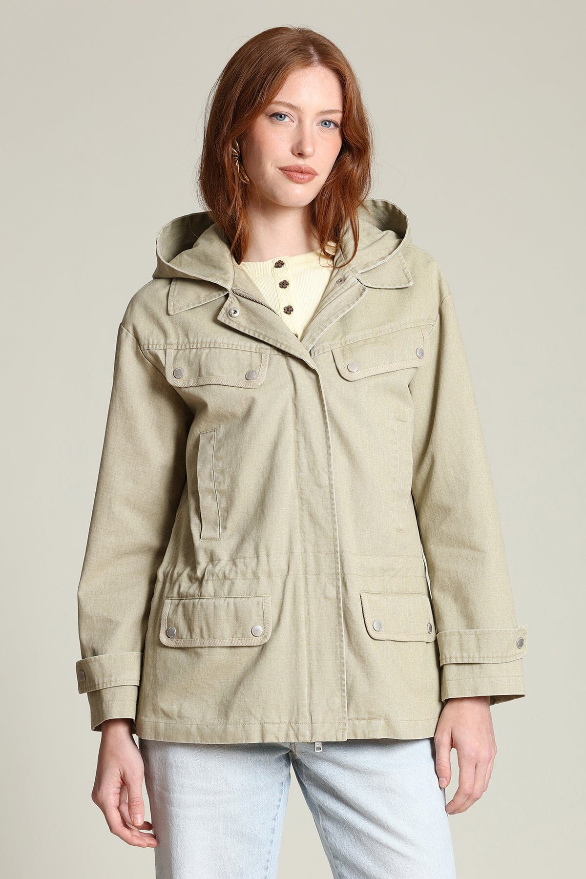 Cotton snap-front beige anorak jacket with long sleeves, attached hood and an adjustable drawstring waist - Shop designer jackets by Avec Les Filles
