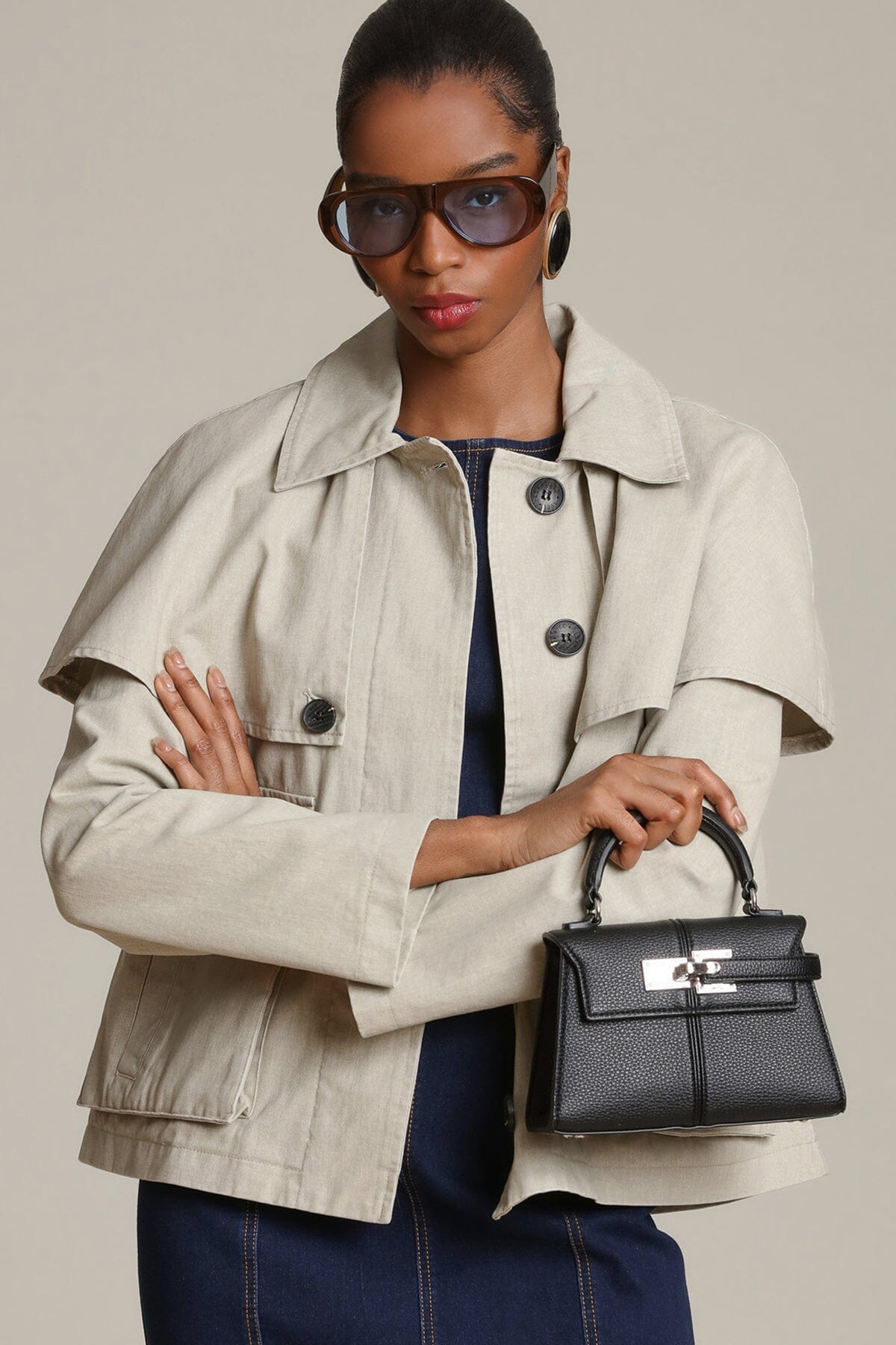 Cotton cape button-front beige jacket with long sleeves and a point collar - Shop designer women's jackets by Avec Les Filles