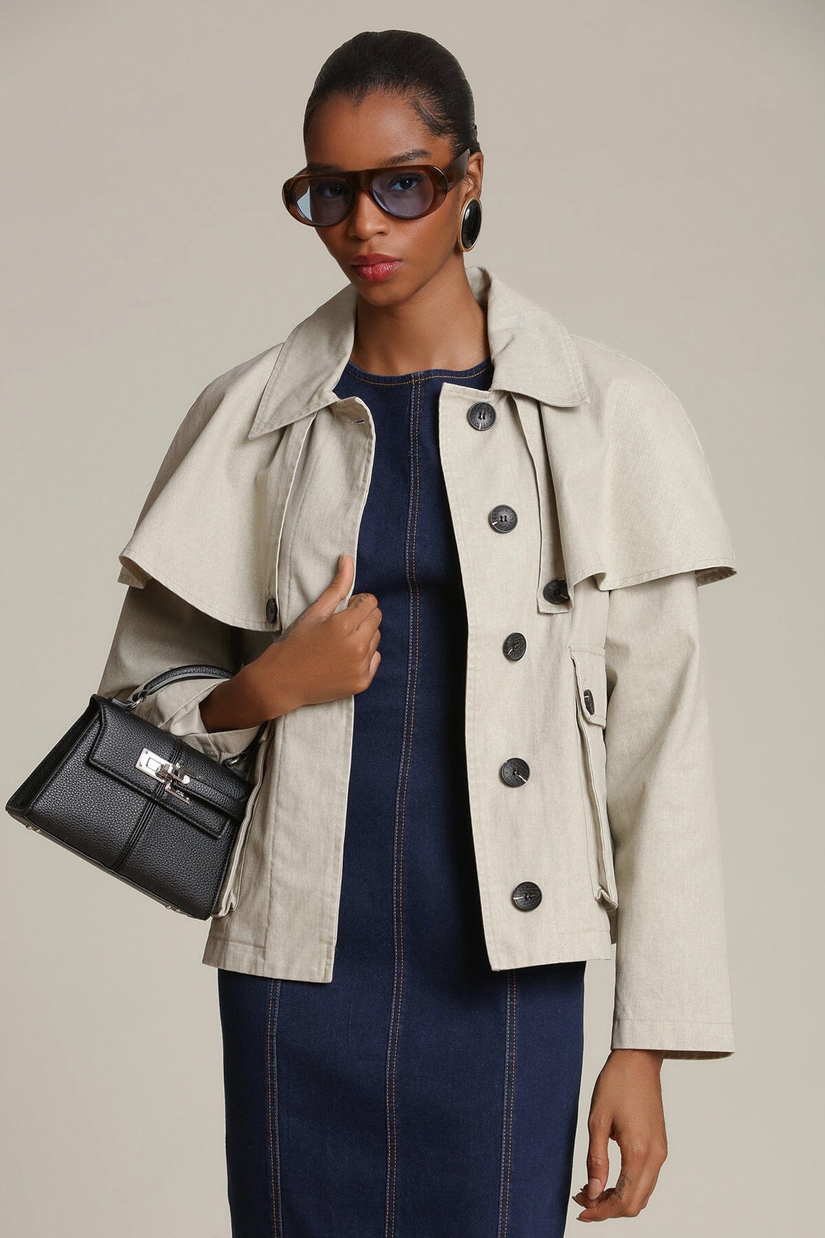 Cotton cape button-front beige jacket with long sleeves and a point collar - Shop designer women's jackets by Avec Les Filles