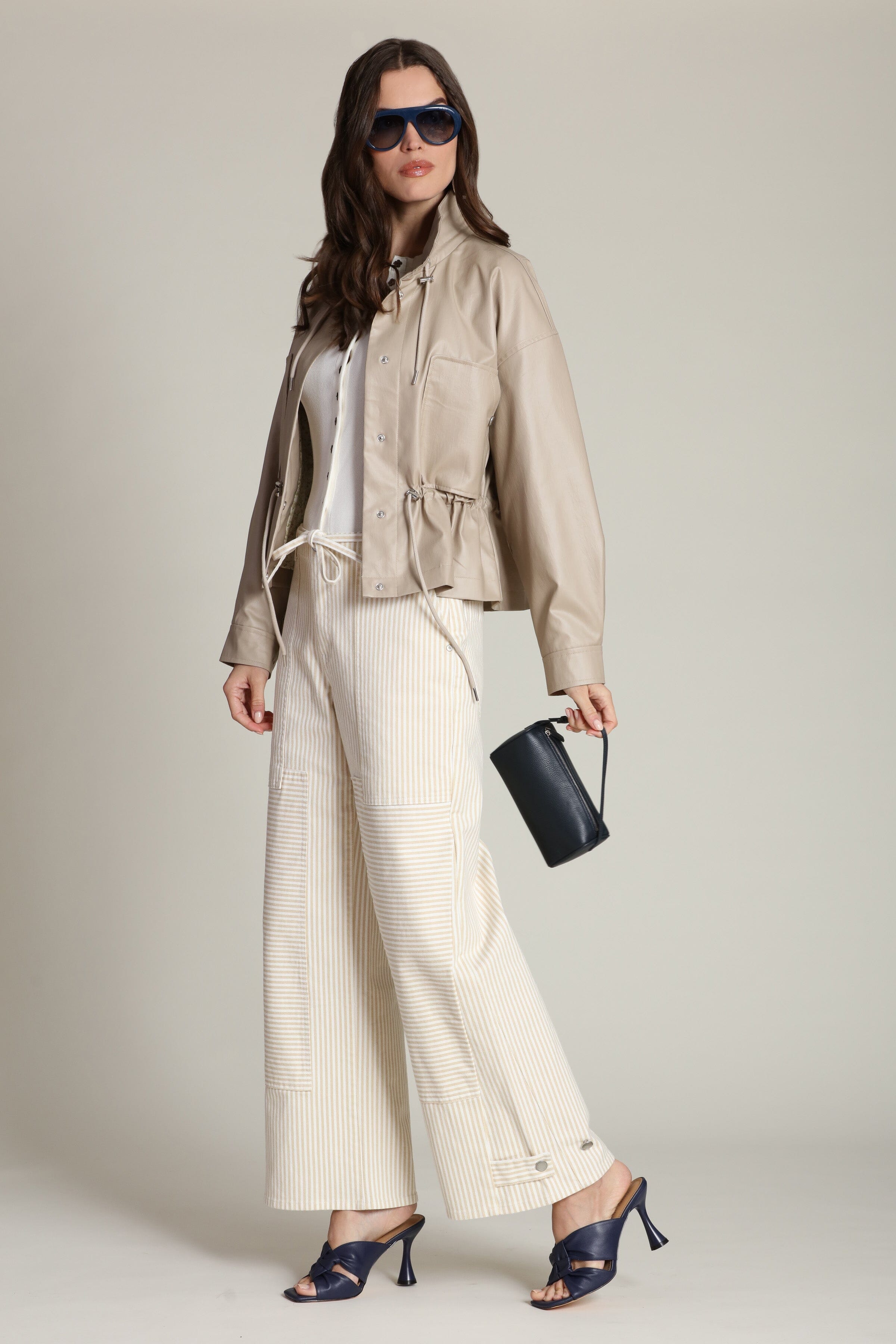 Faux leather cropped beige anorak jacket with snap-button front and adjustable drawstring - Women's coats & jackets by Avec Les Filles