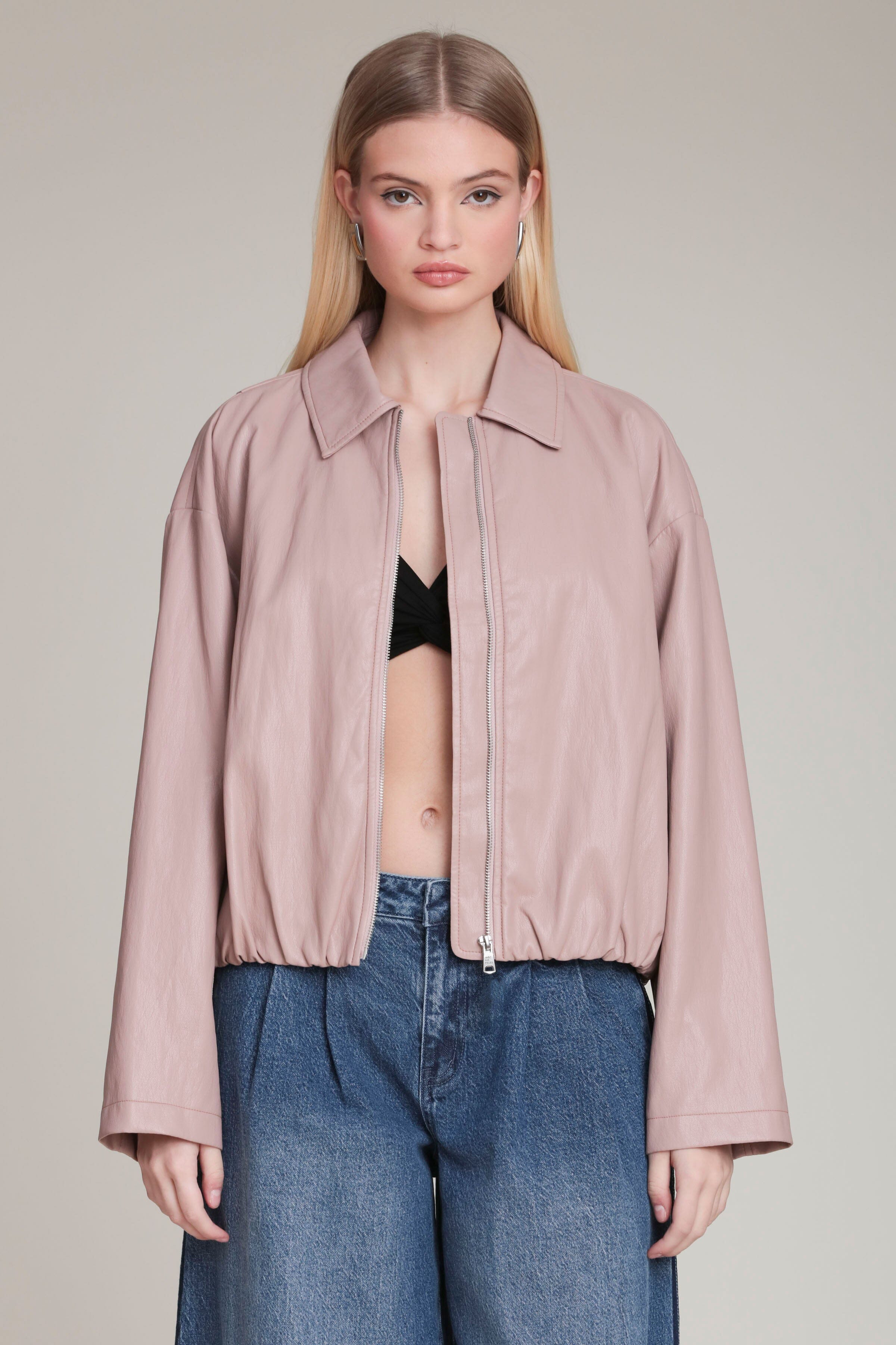 Faux leather minimalist pink bomber jacket with point collar and front zip - Shop women's coats & jackets by Avec Les Filles