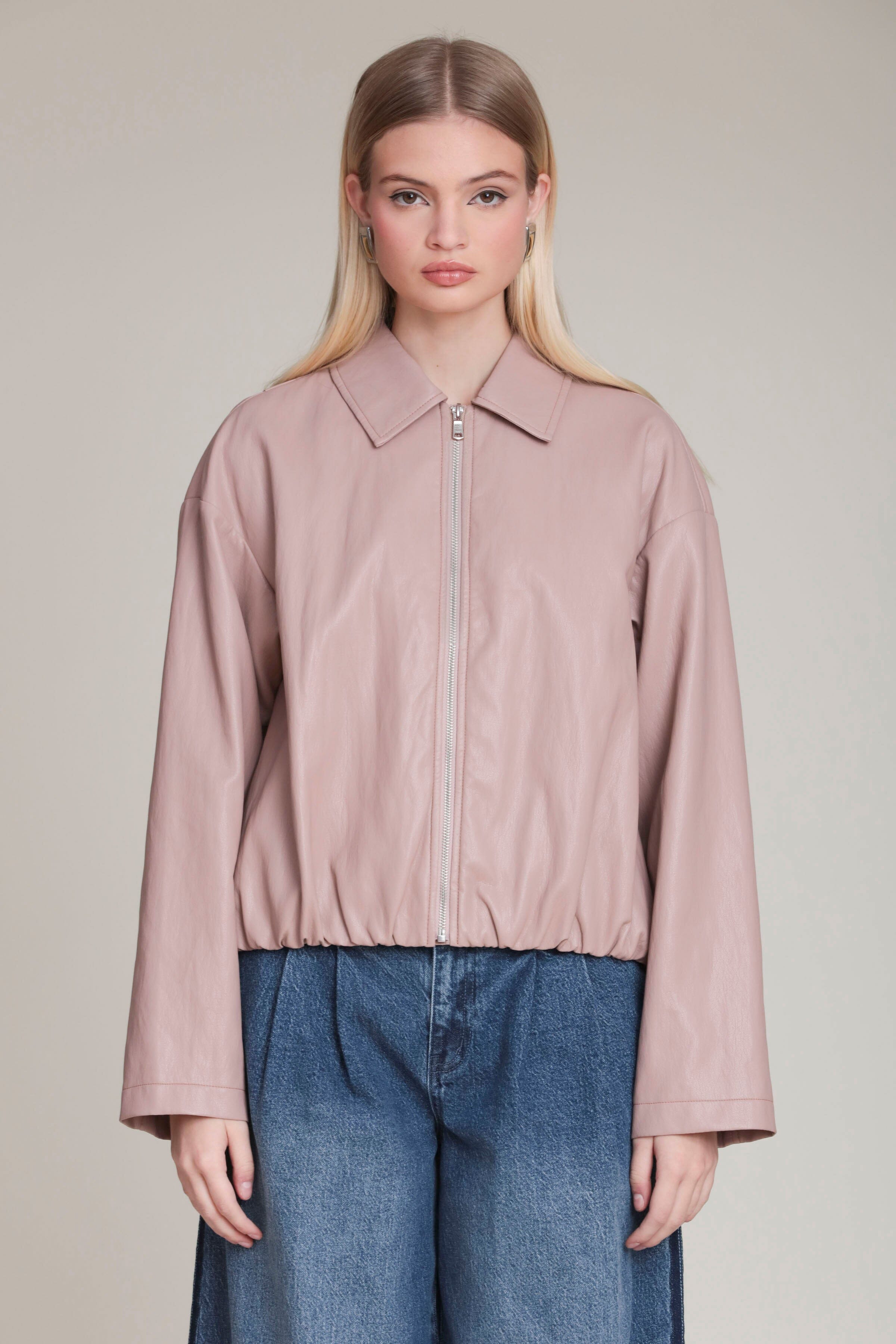 Faux leather pink bomber jacket with a classic point collar and front zip by Avec Les Filles