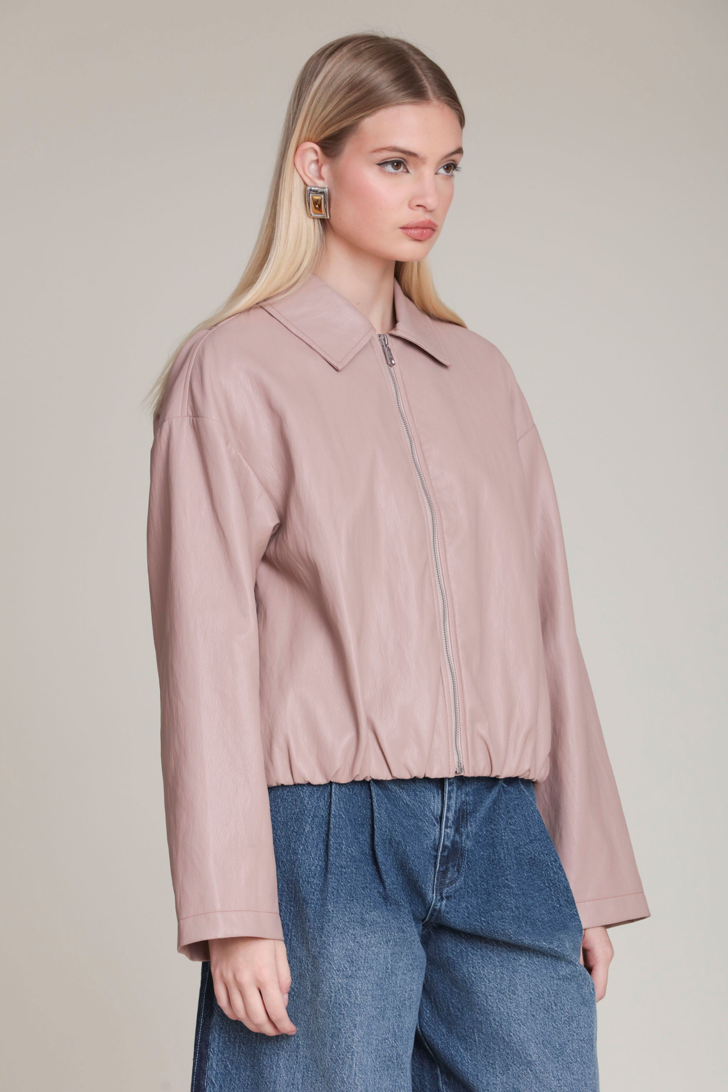 Faux leather pink bomber jacket with a point collar and front zip by Avec Les Filles