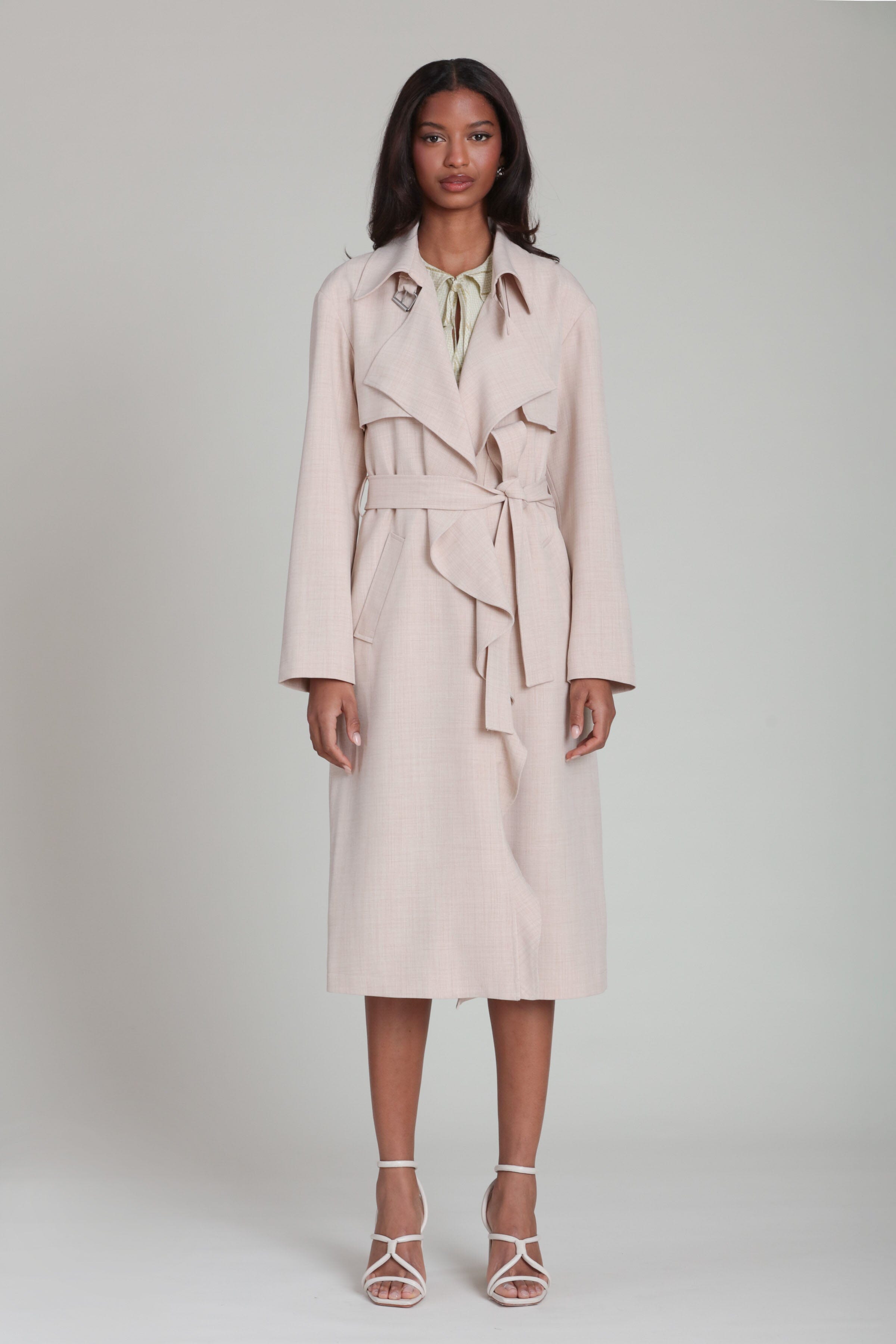 Waterfall Drape Beige Maxi Trench Coat