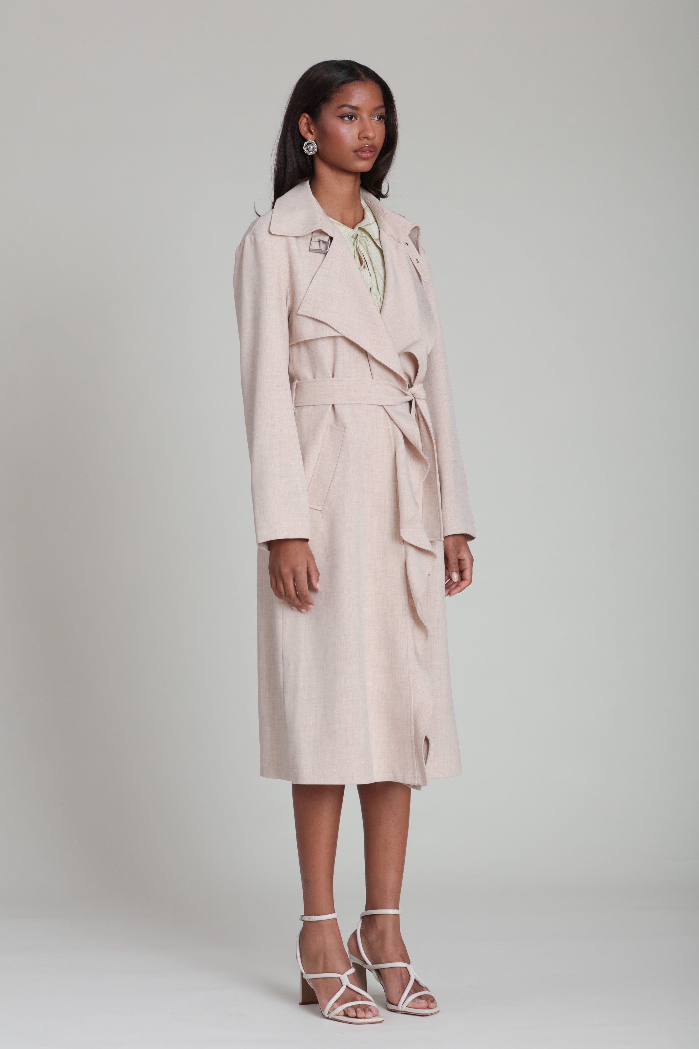 Waterfall Drape Beige Maxi Trench Coat