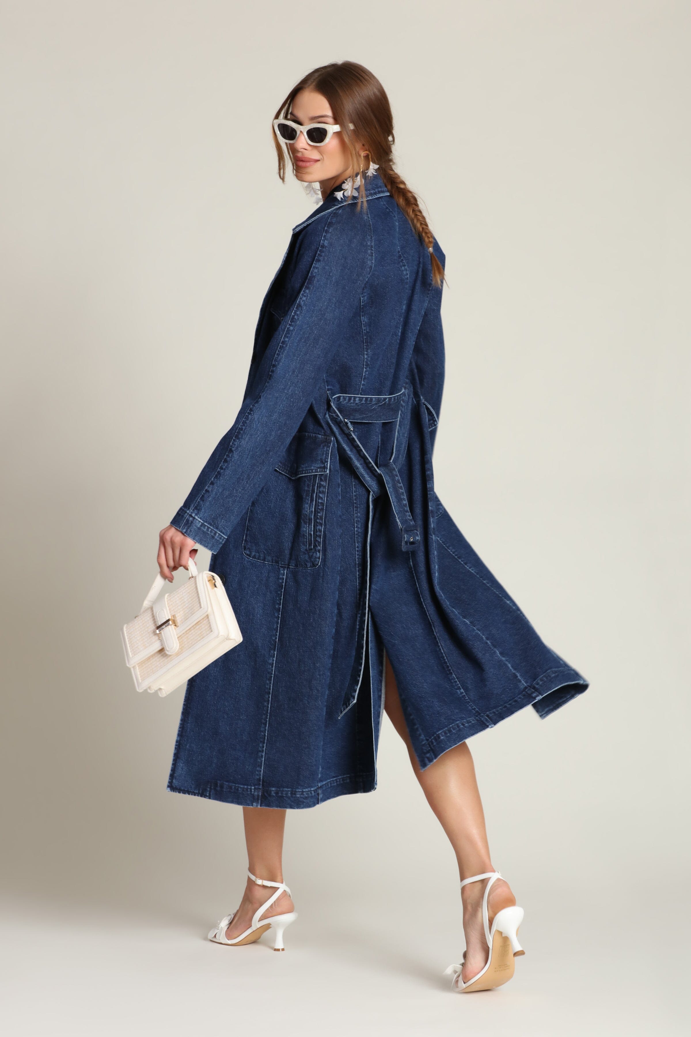 Denim utility button-front cotton indigo blue trench coat with long raglan sleeves and removable self-tie belt - Shop designer women's trench coats by Avec Les Filles