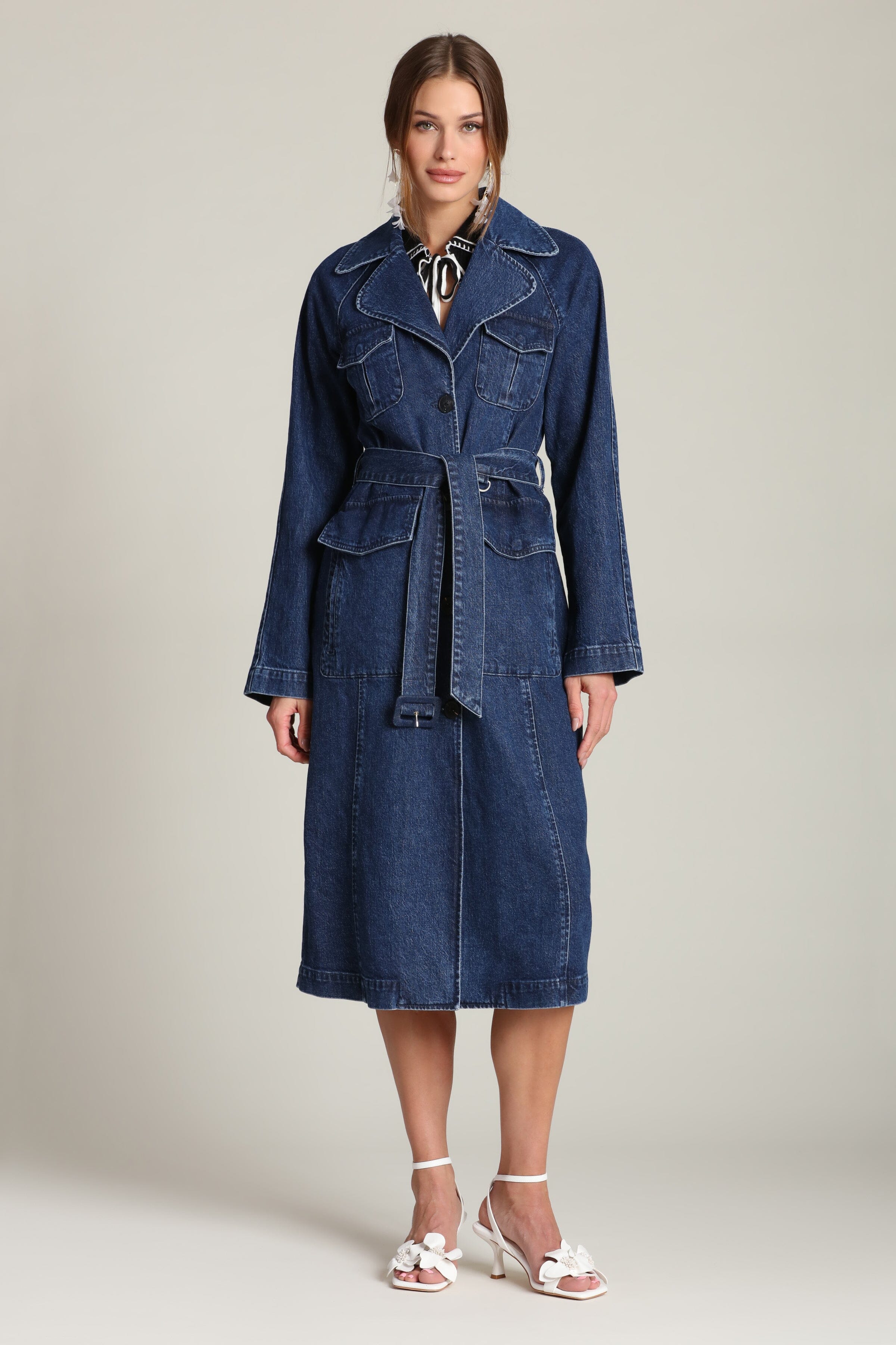 Denim utility button-front cotton blue trench coat with long raglan sleeves and removable self-tie belt - Shop designer women's trench coats by Avec Les Filles